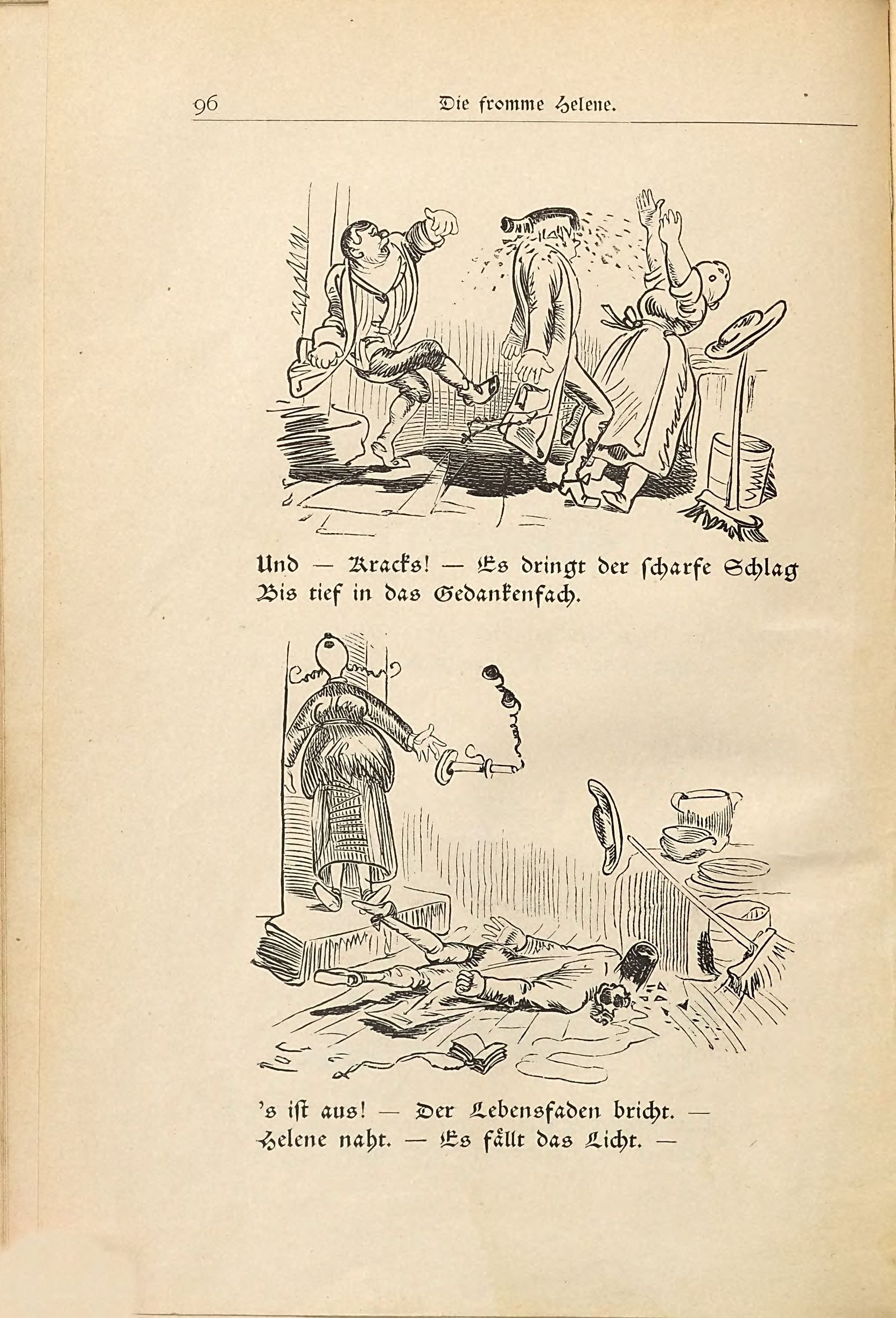 Die fromme Helene (Wilhelm Busch, 1882), Seite 96. Public domain. Bayerische Staatsbibliothek / Internet Archive.