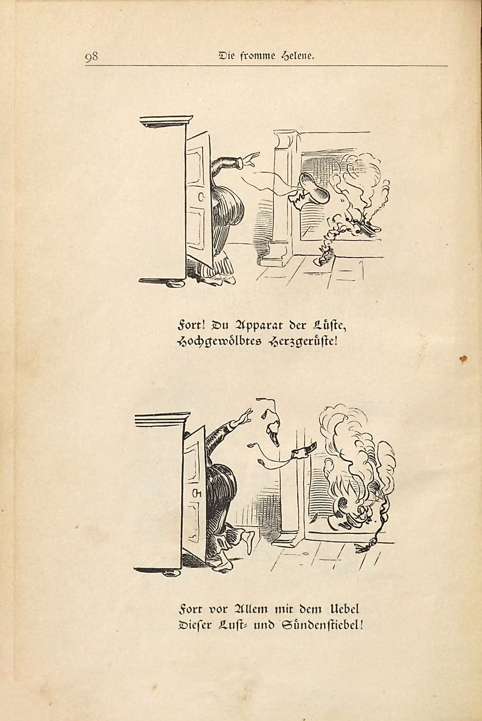 Die fromme Helene (Wilhelm Busch, 1882), Seite 98. Public domain. Bayerische Staatsbibliothek / Internet Archive.