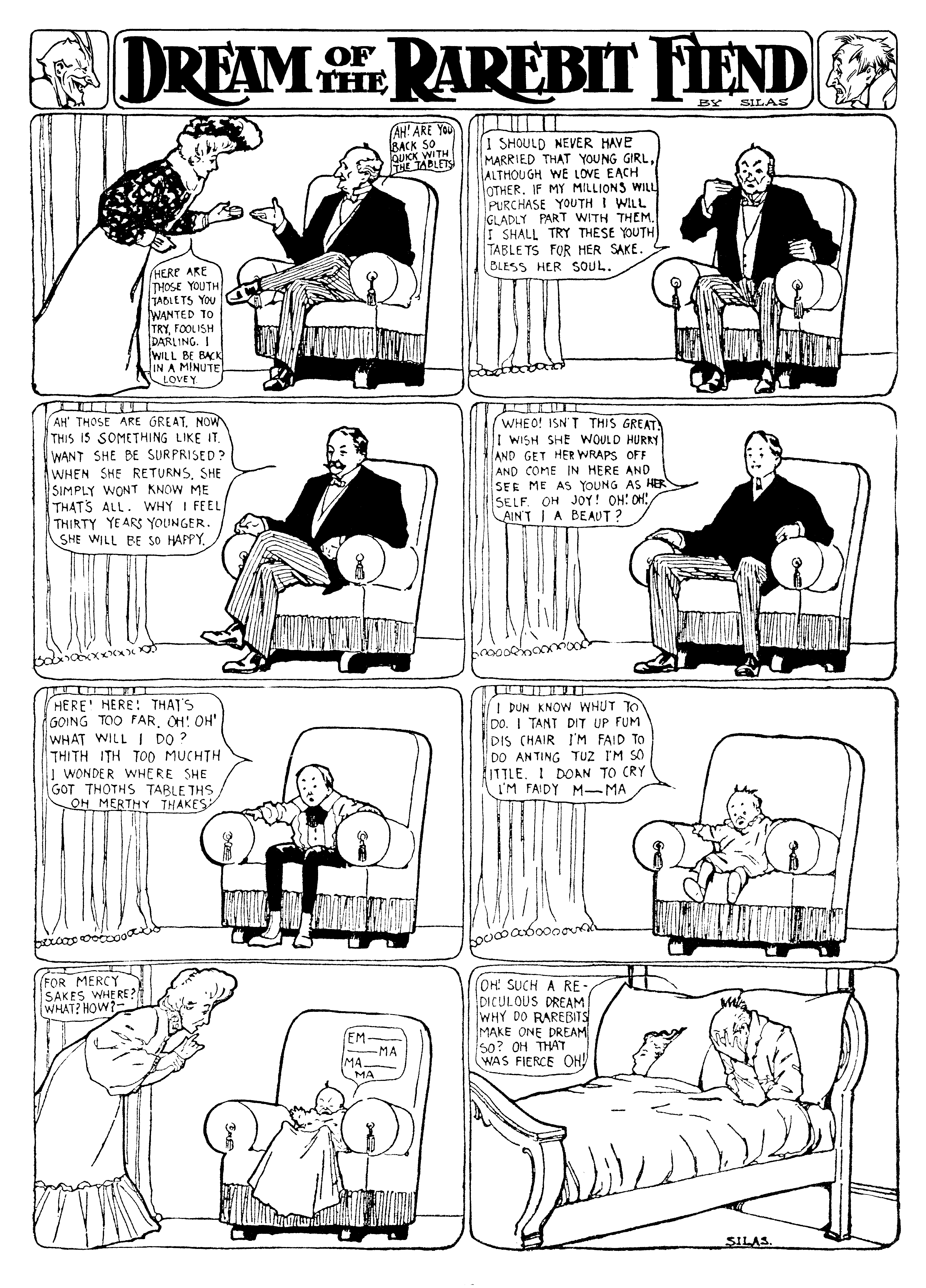 Dream of the Rarebit Fiend, strip 28 of 820. Winsor McCay (1904–1913), public domain. Scan: Internet Archive.