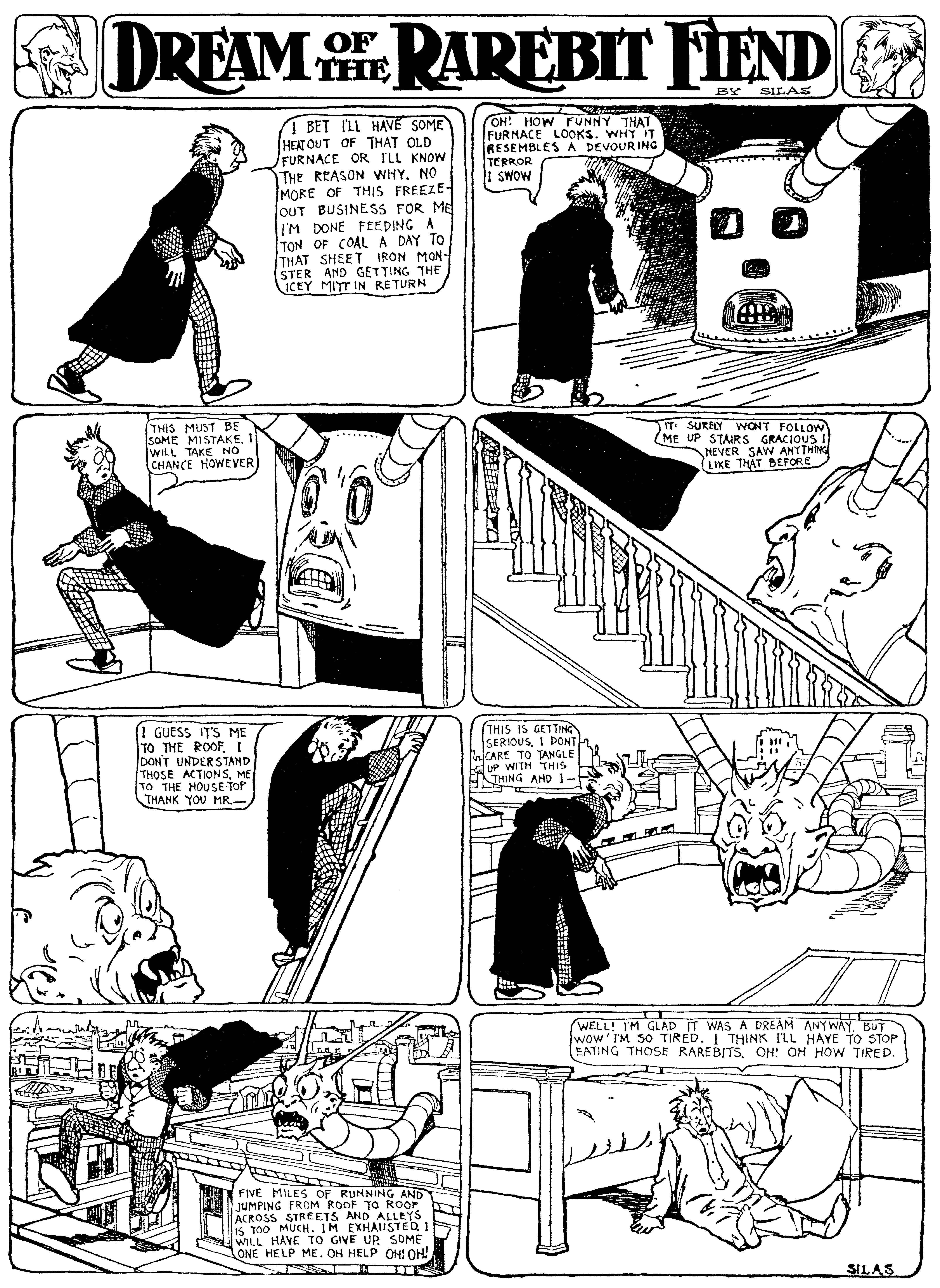 Dream of the Rarebit Fiend, strip 49 of 820. Winsor McCay (1904–1913), public domain. Scan: Internet Archive.