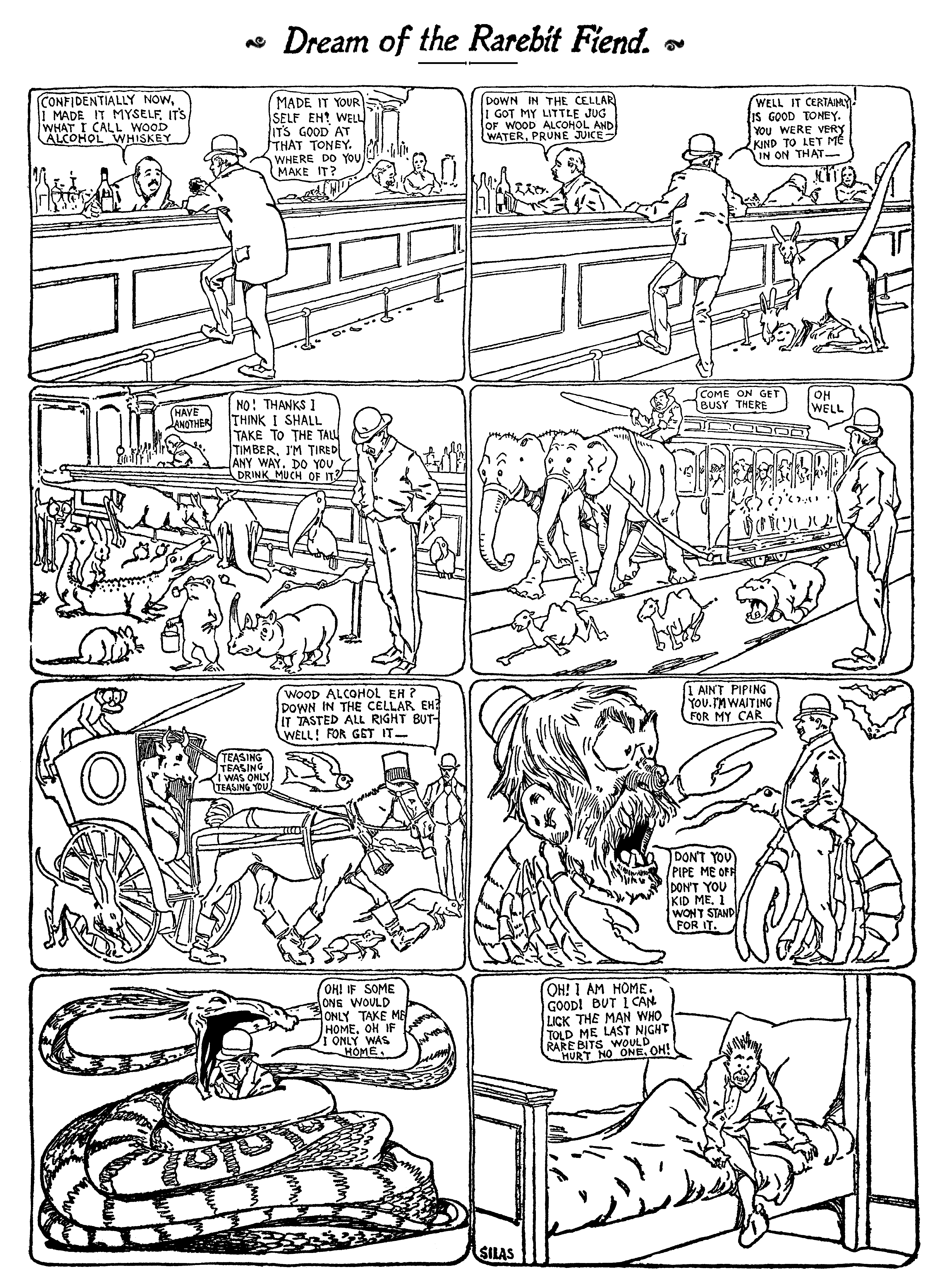 Dream of the Rarebit Fiend, strip 8 of 820. Winsor McCay (1904–1913), public domain. Scan: Internet Archive.
