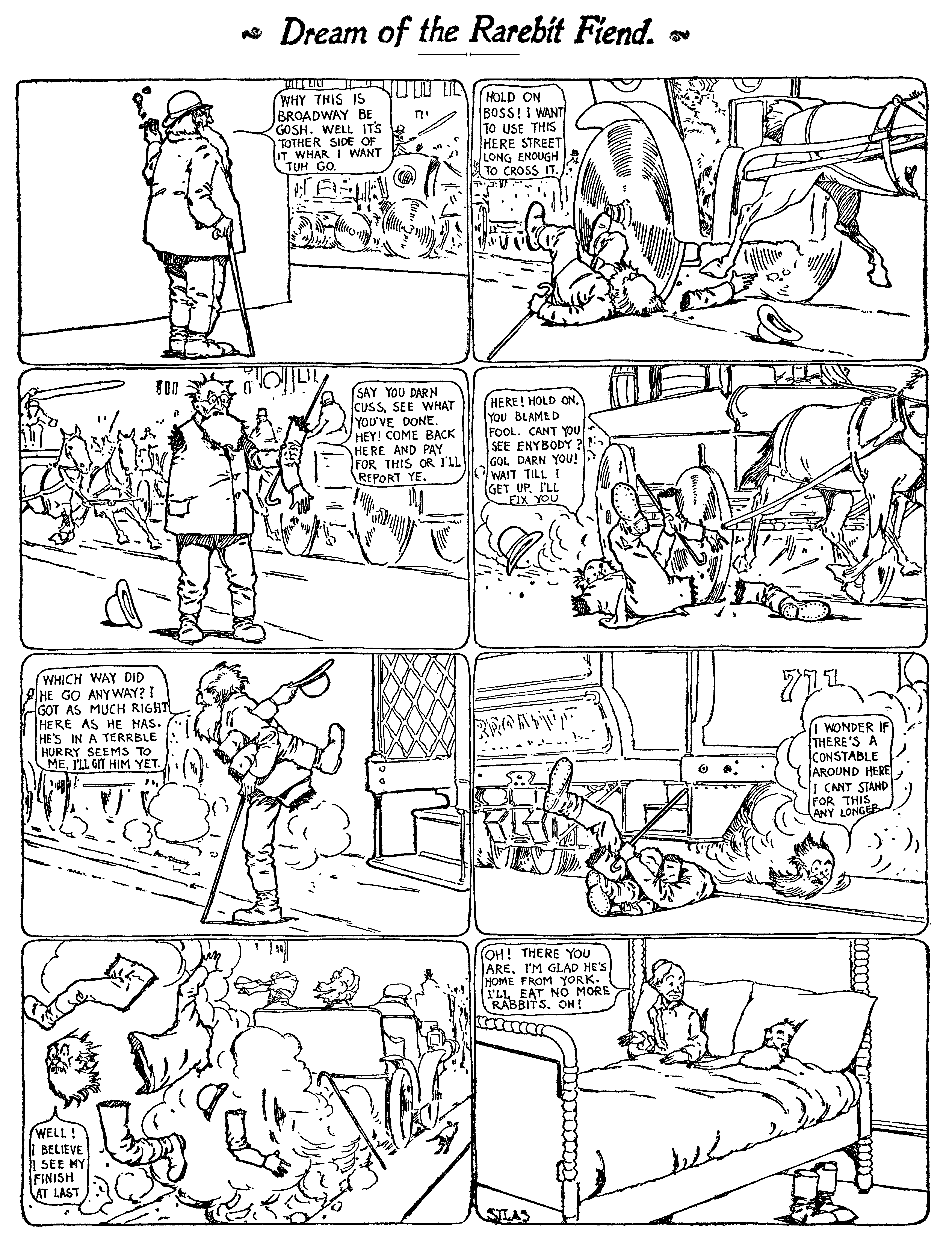 Dream of the Rarebit Fiend, strip 9 of 820. Winsor McCay (1904–1913), public domain. Scan: Internet Archive.