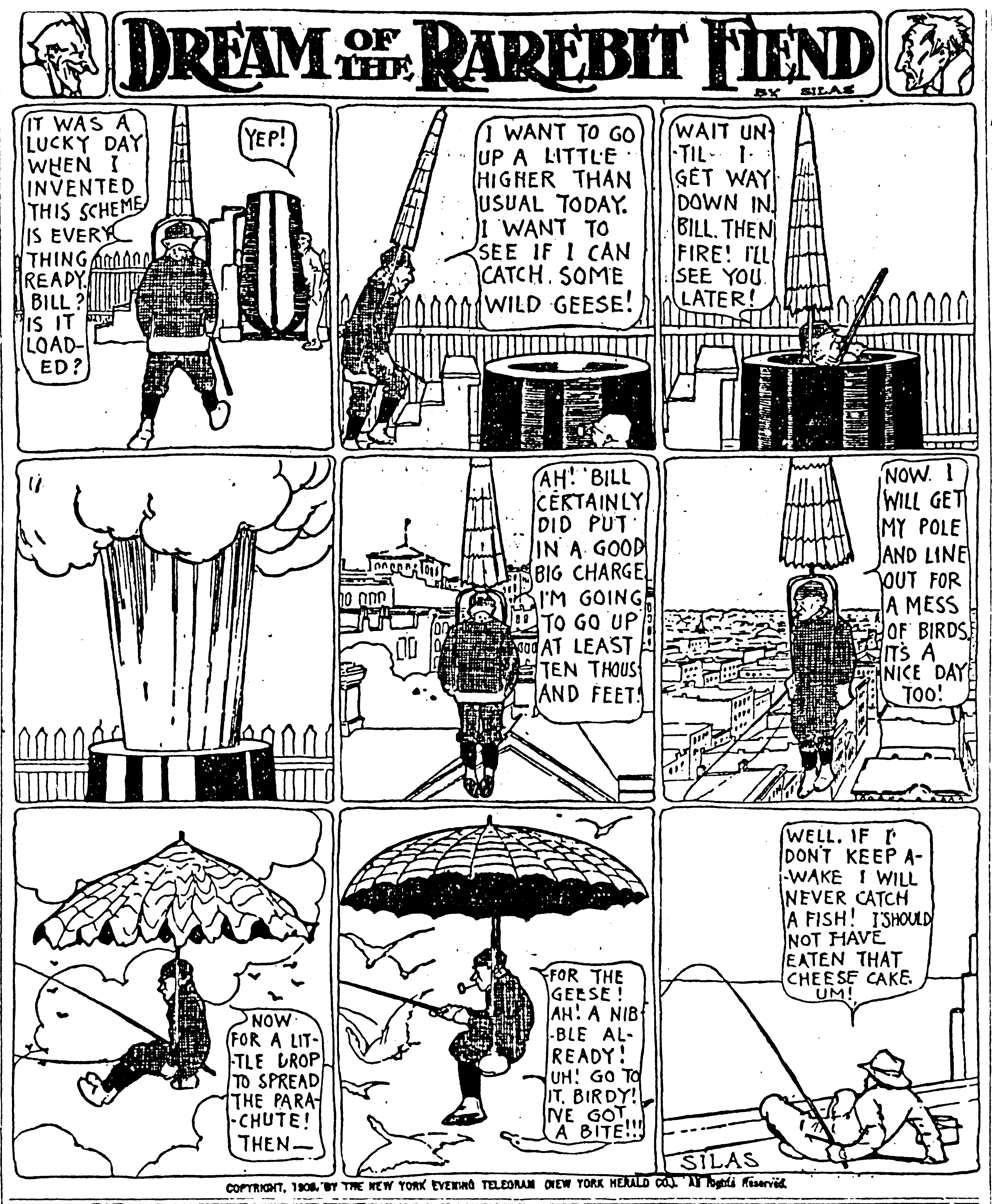 Dream of the Rarebit Fiend, strip 526 of 820. Winsor McCay (1904–1913), public domain. Scan: Internet Archive.