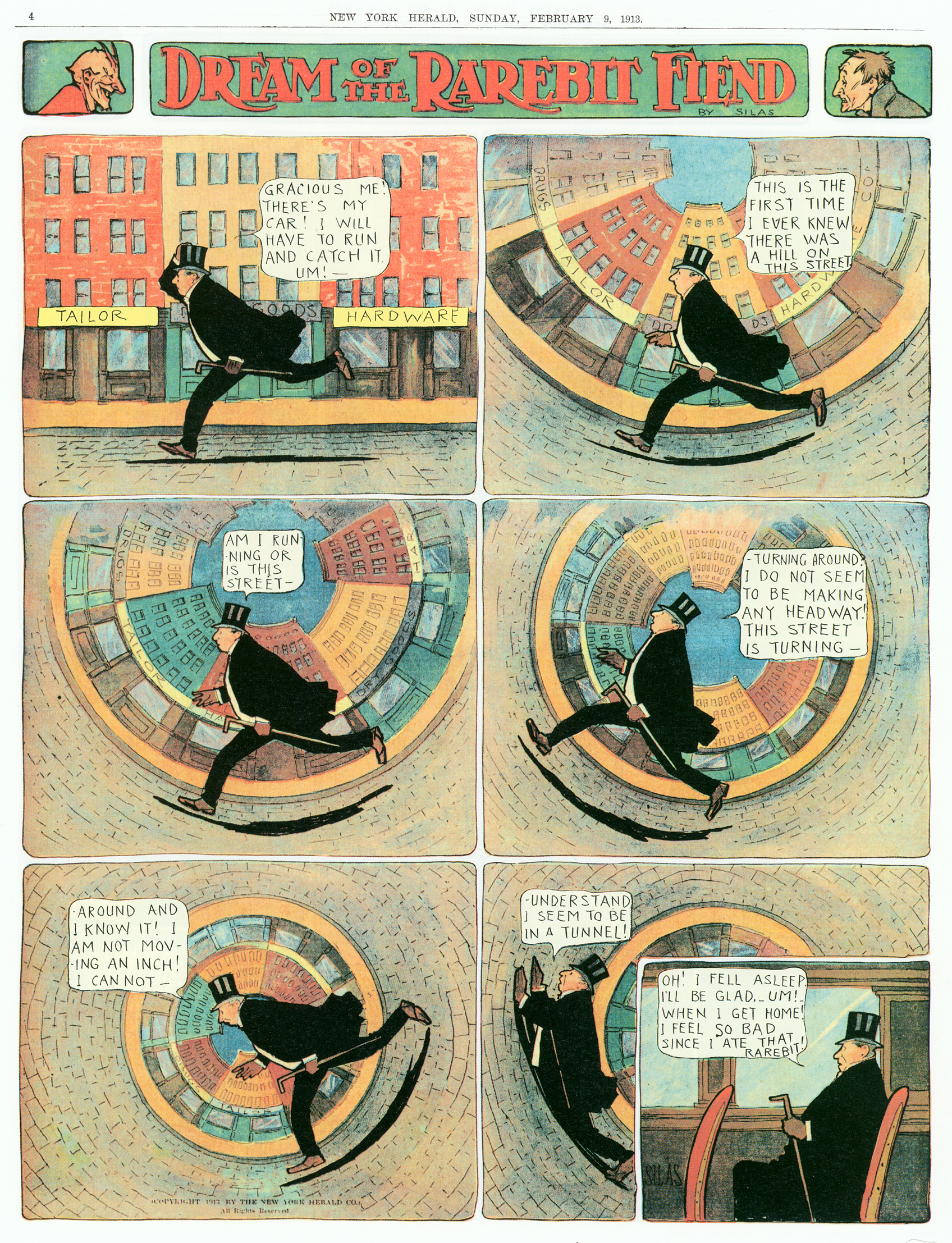 Dream of the Rarebit Fiend, strip 596 of 820. Winsor McCay (1904–1913), public domain. Scan: Internet Archive.