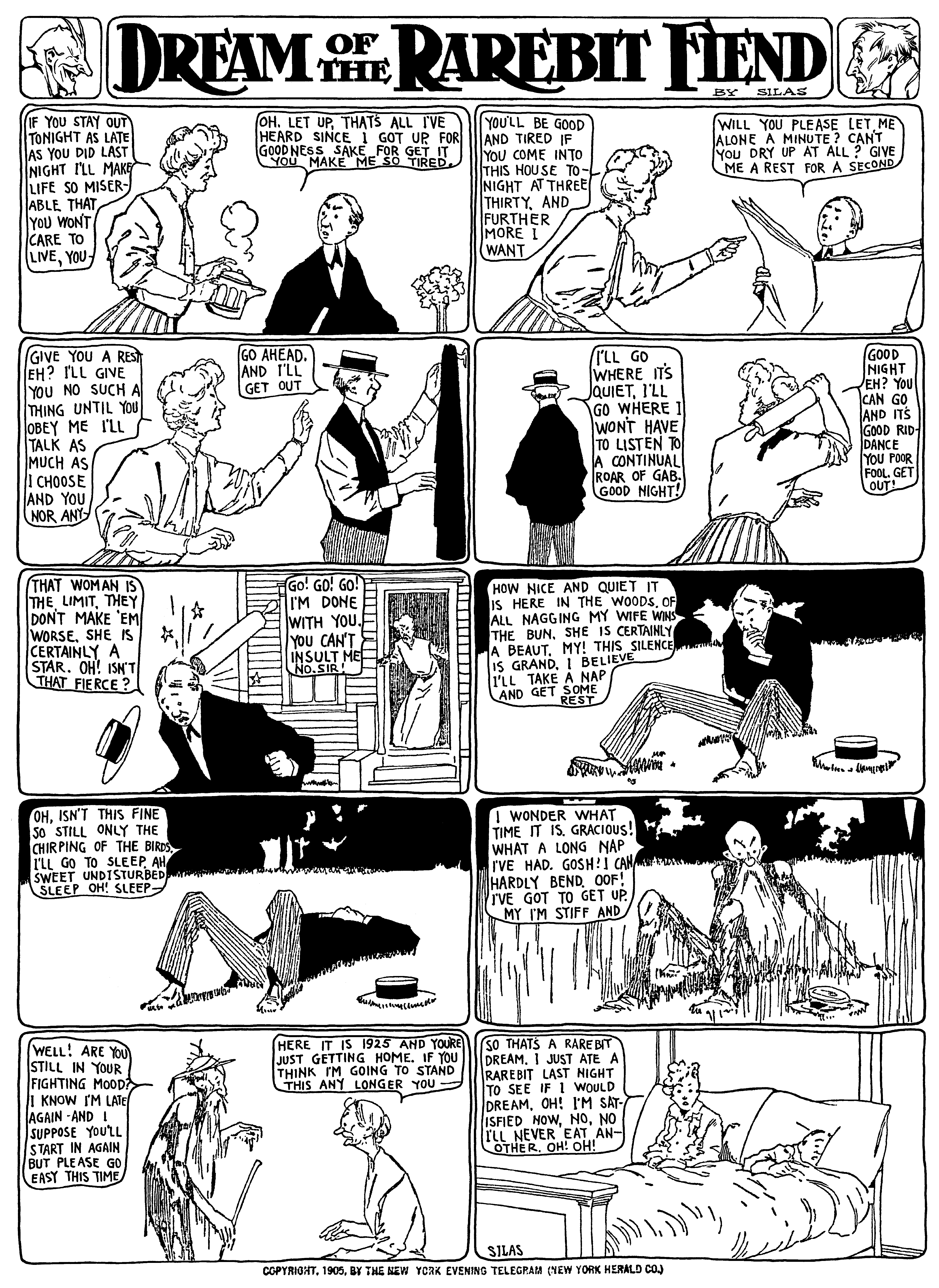 Dream of the Rarebit Fiend, strip 91 of 820. Winsor McCay (1904–1913), public domain. Scan: Internet Archive.