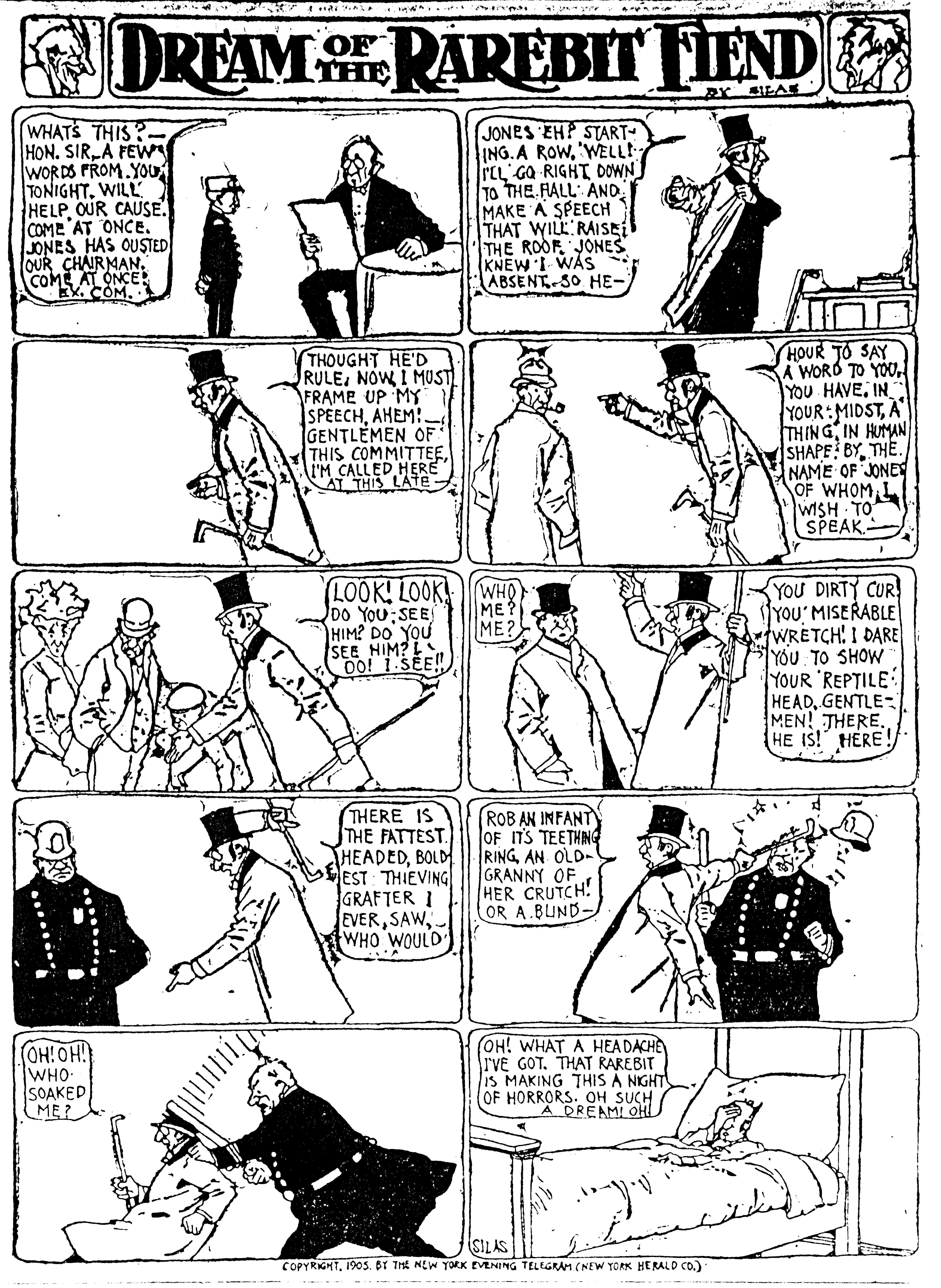 Dream of the Rarebit Fiend, strip 106 of 820. Winsor McCay (1904–1913), public domain. Scan: Internet Archive.