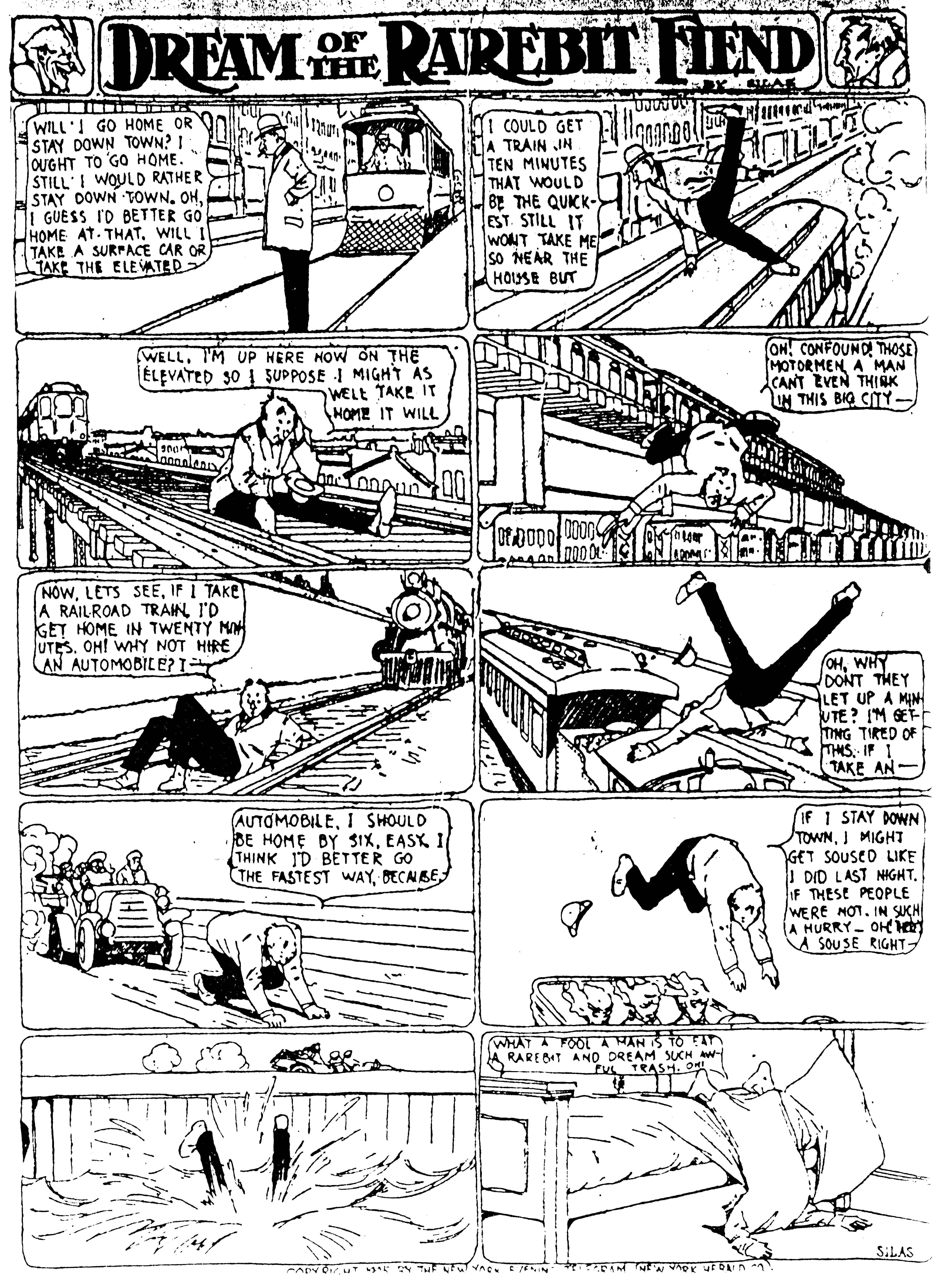 Dream of the Rarebit Fiend, strip 108 of 820. Winsor McCay (1904–1913), public domain. Scan: Internet Archive.