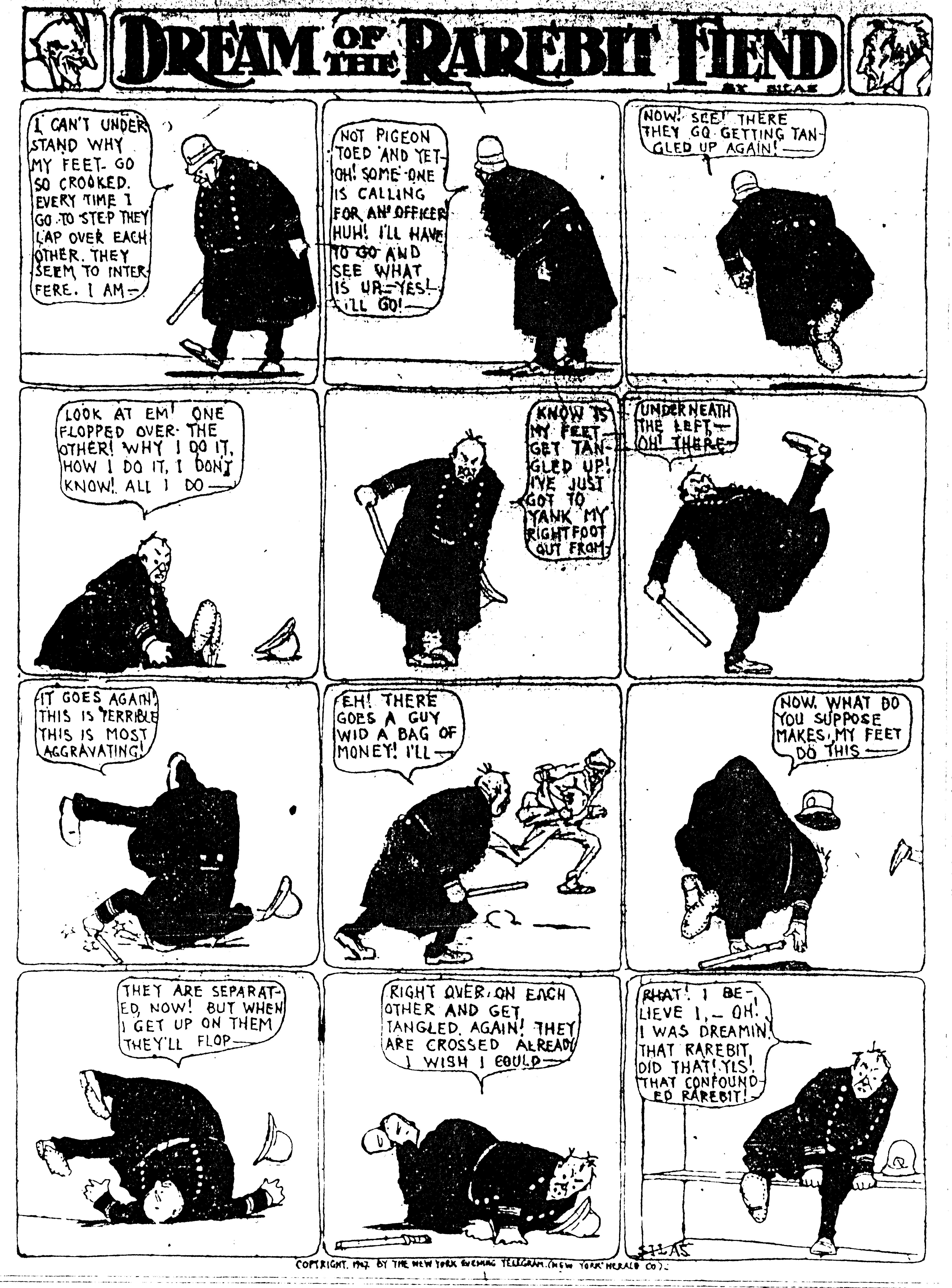 Dream of the Rarebit Fiend, strip 258 of 820. Winsor McCay (1904–1913), public domain. Scan: Internet Archive.