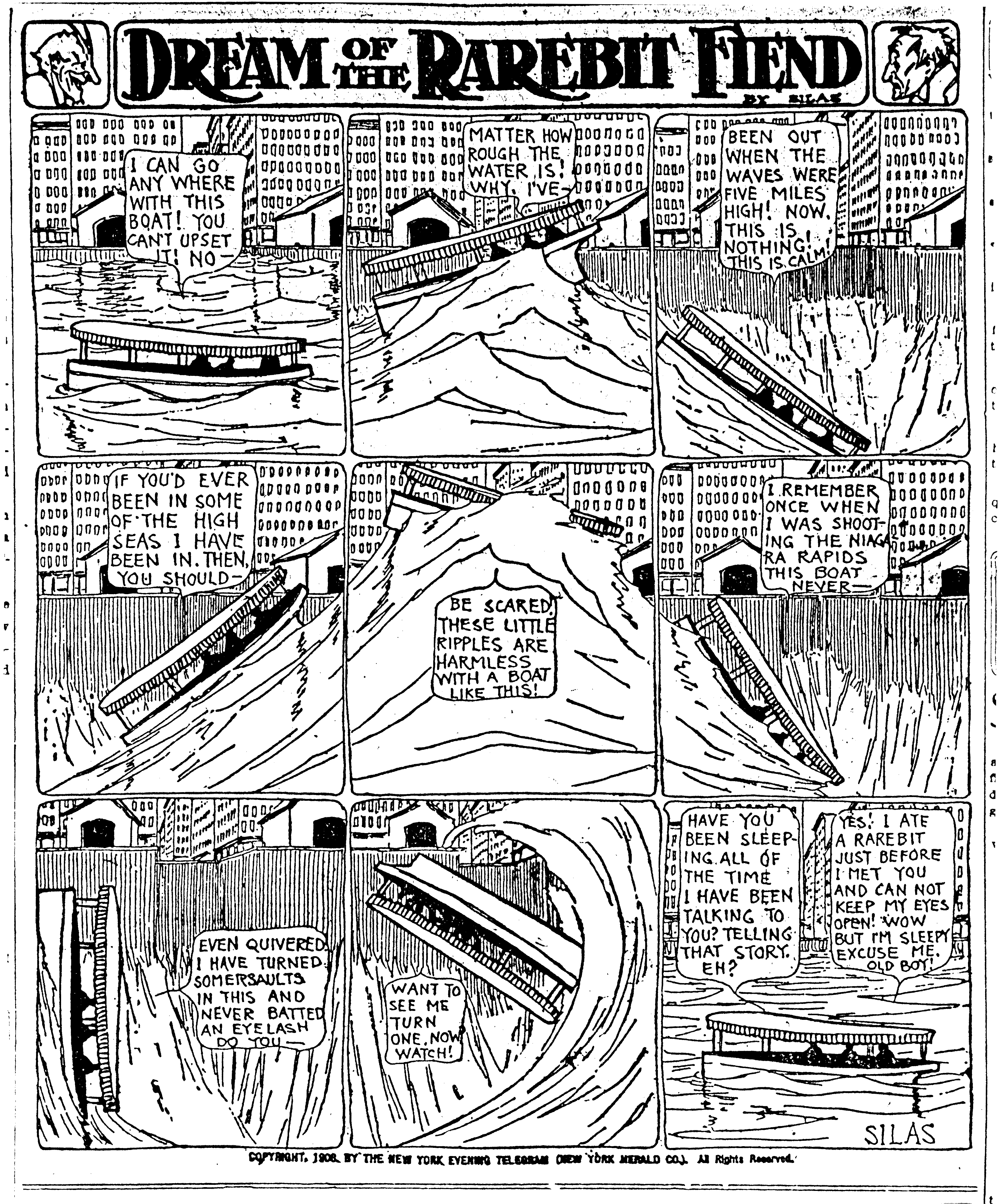 Dream of the Rarebit Fiend, strip 412 of 820. Winsor McCay (1904–1913), public domain. Scan: Internet Archive.