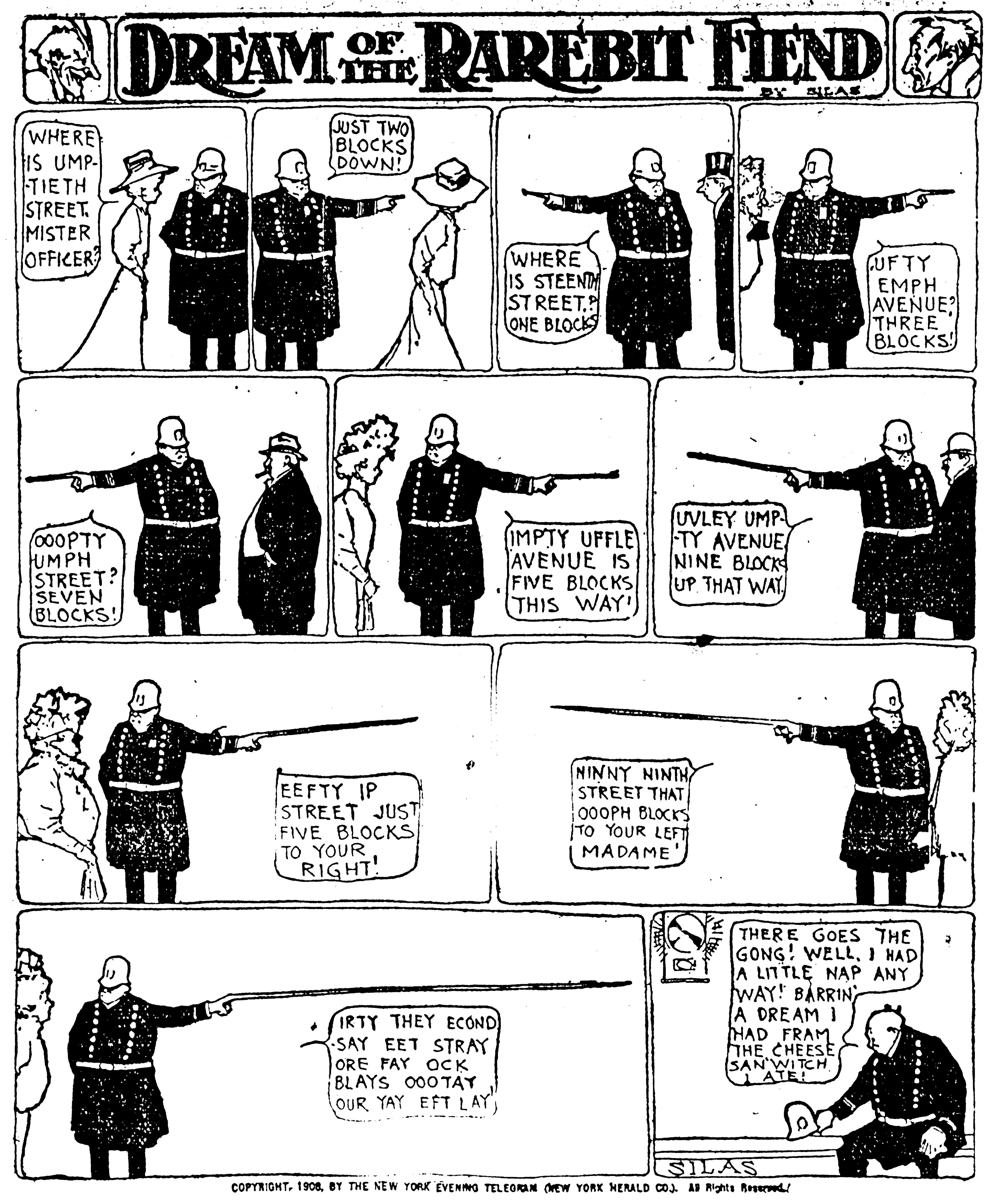 Dream of the Rarebit Fiend, strip 428 of 820. Winsor McCay (1904–1913), public domain. Scan: Internet Archive.