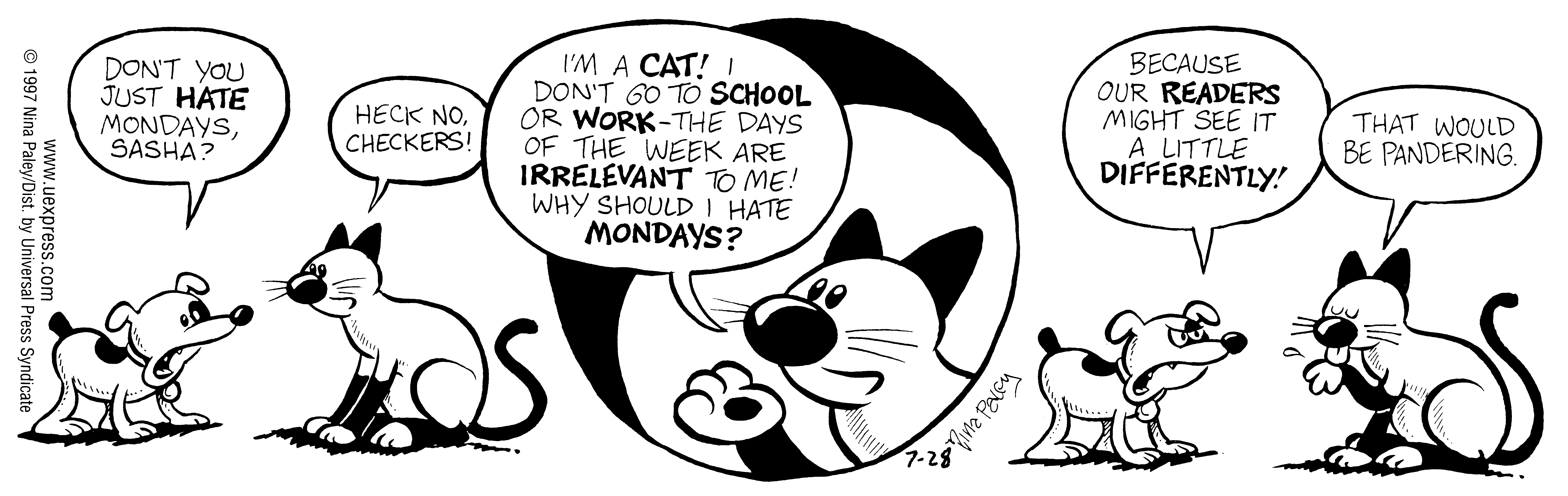 Fluff daily strip, Jul 28, 1997. Nina Paley, CC BY-SA 3.0 US. Print master from https://archive.org/details/FluffComicStrips (TIFF converted losslessly to PNG for the web).