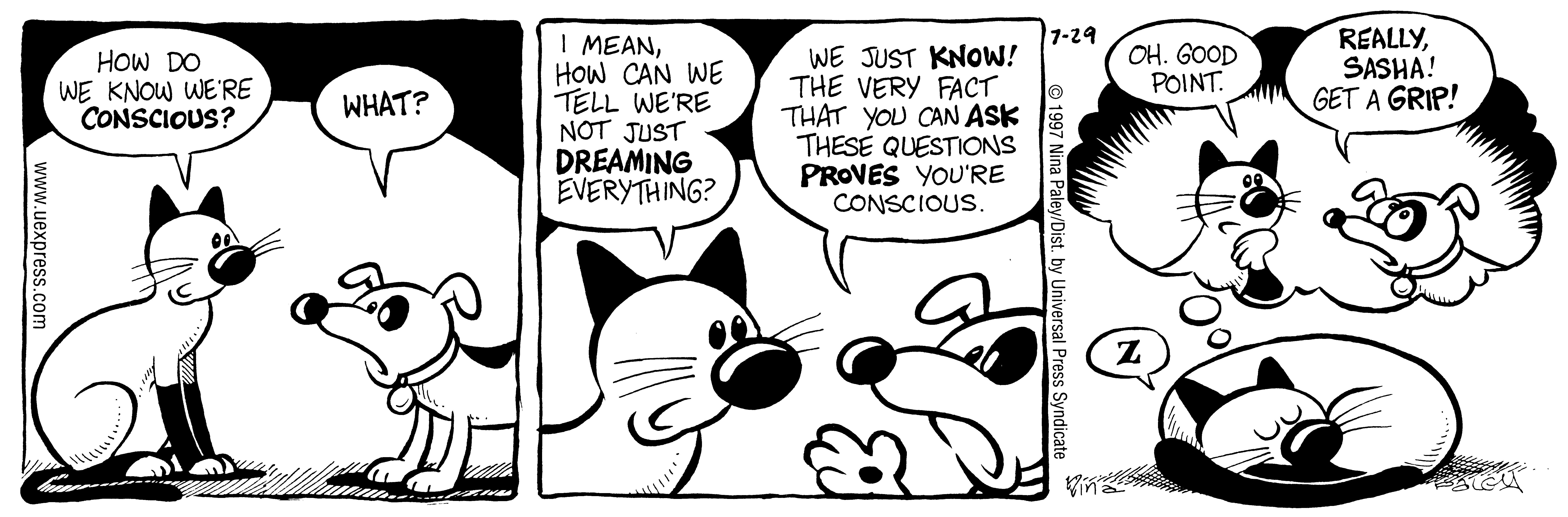 Fluff daily strip, Jul 29, 1997. Nina Paley, CC BY-SA 3.0 US. Print master from https://archive.org/details/FluffComicStrips (TIFF converted losslessly to PNG for the web).