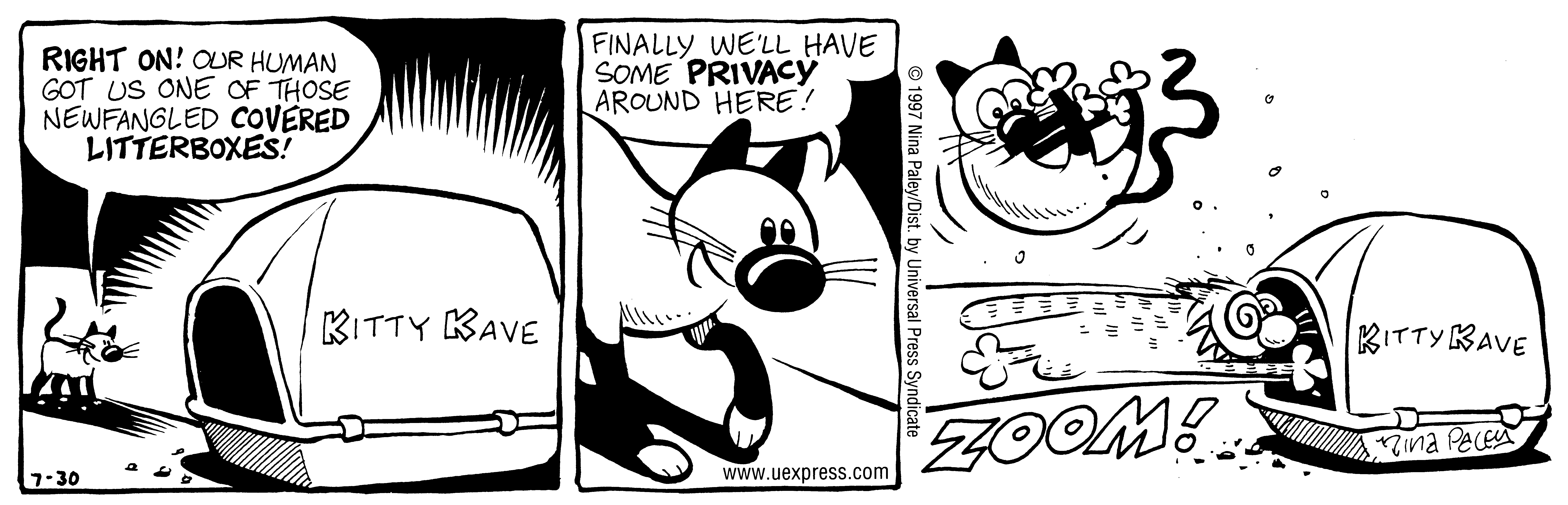 Fluff daily strip, Jul 30, 1997. Nina Paley, CC BY-SA 3.0 US. Print master from https://archive.org/details/FluffComicStrips (TIFF converted losslessly to PNG for the web).