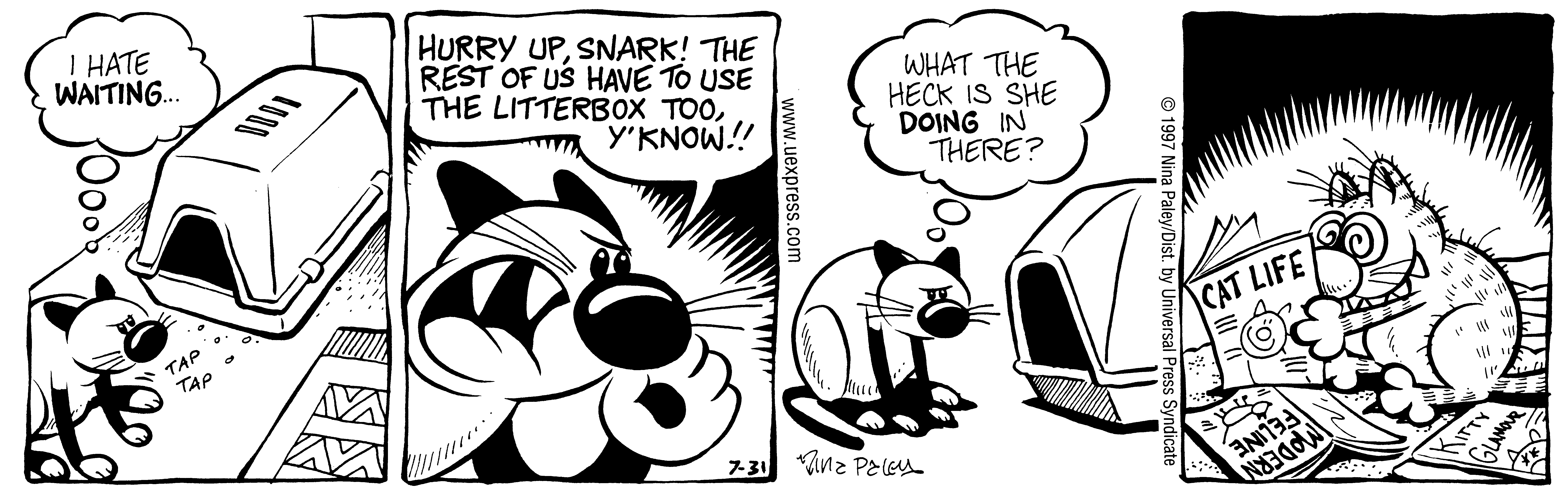 Fluff daily strip, Jul 31, 1997. Nina Paley, CC BY-SA 3.0 US. Print master from https://archive.org/details/FluffComicStrips (TIFF converted losslessly to PNG for the web).
