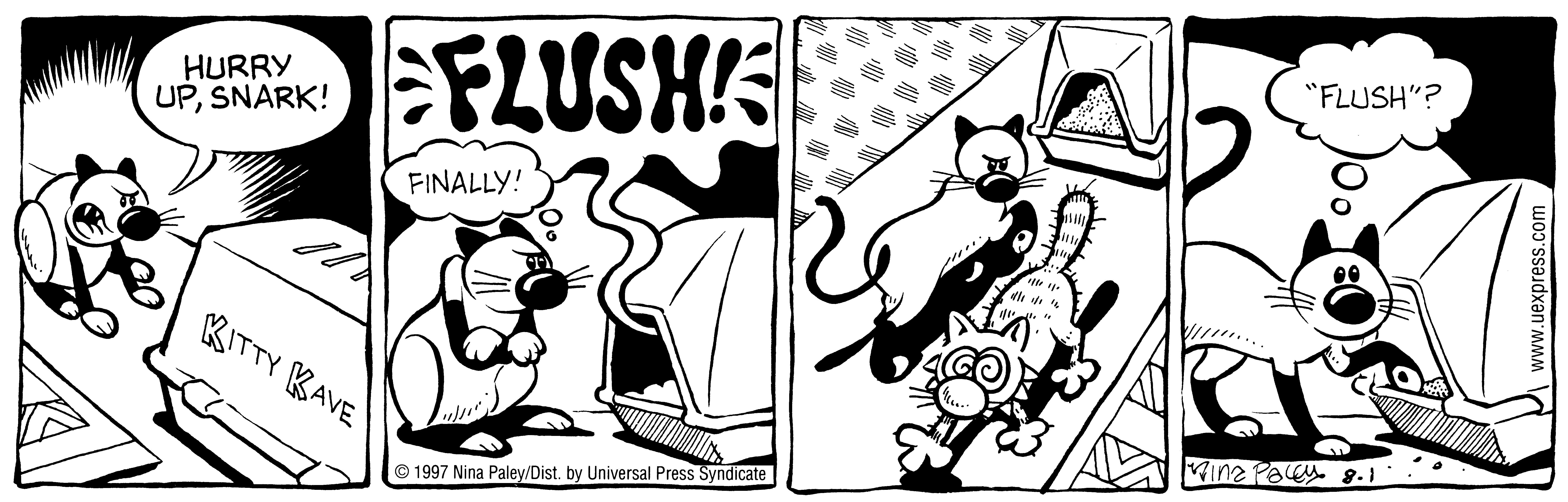 Fluff daily strip, Aug 1, 1997. Nina Paley, CC BY-SA 3.0 US. Print master from https://archive.org/details/FluffComicStrips (TIFF converted losslessly to PNG for the web).