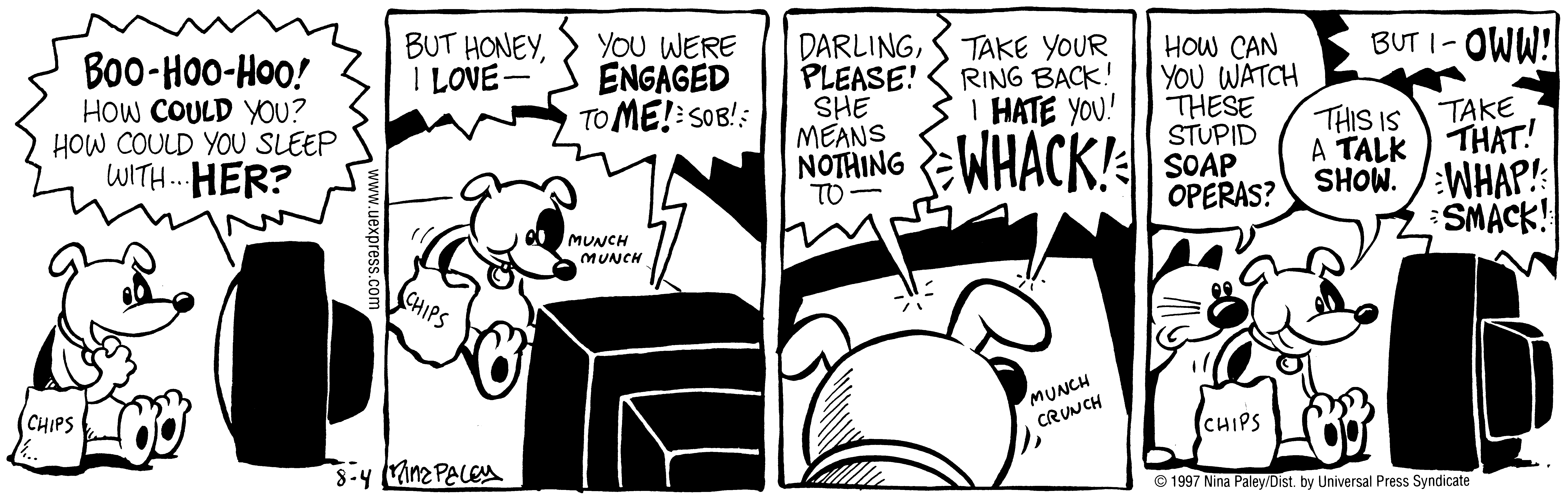 Fluff daily strip, Aug 4, 1997. Nina Paley, CC BY-SA 3.0 US. Print master from https://archive.org/details/FluffComicStrips (TIFF converted losslessly to PNG for the web).