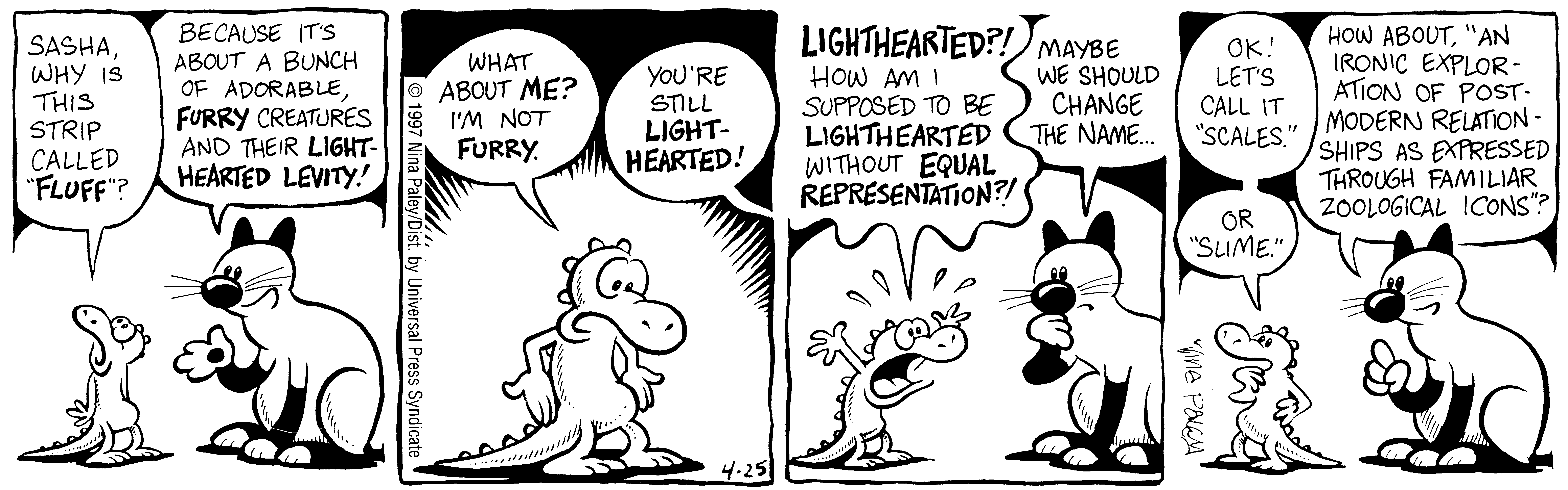 Fluff daily strip, Apr 25, 1997. Nina Paley, CC BY-SA 3.0 US. Print master from https://archive.org/details/FluffComicStrips (TIFF converted losslessly to PNG for the web).