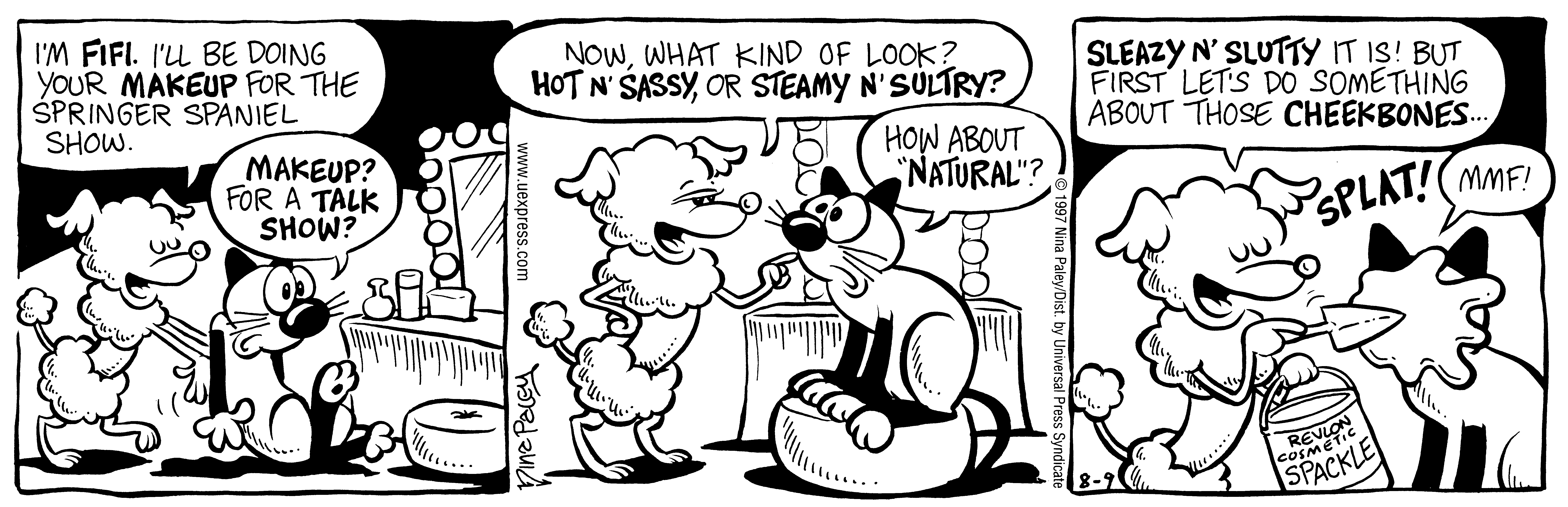 Fluff daily strip, Aug 9, 1997. Nina Paley, CC BY-SA 3.0 US. Print master from https://archive.org/details/FluffComicStrips (TIFF converted losslessly to PNG for the web).