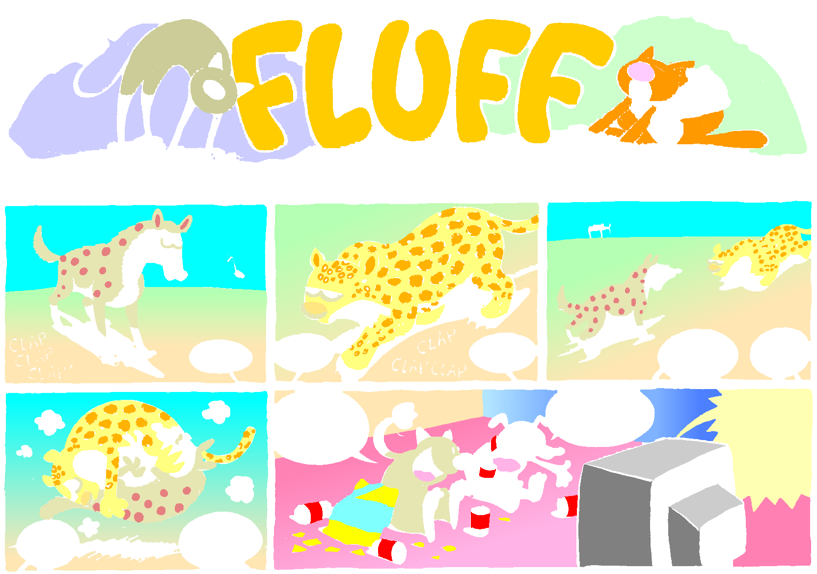 Fluff sunday strip, Aug 10, 1997. Nina Paley, CC BY-SA 3.0 US. Print master from https://archive.org/details/FluffComicStrips (TIFF converted losslessly to PNG for the web).