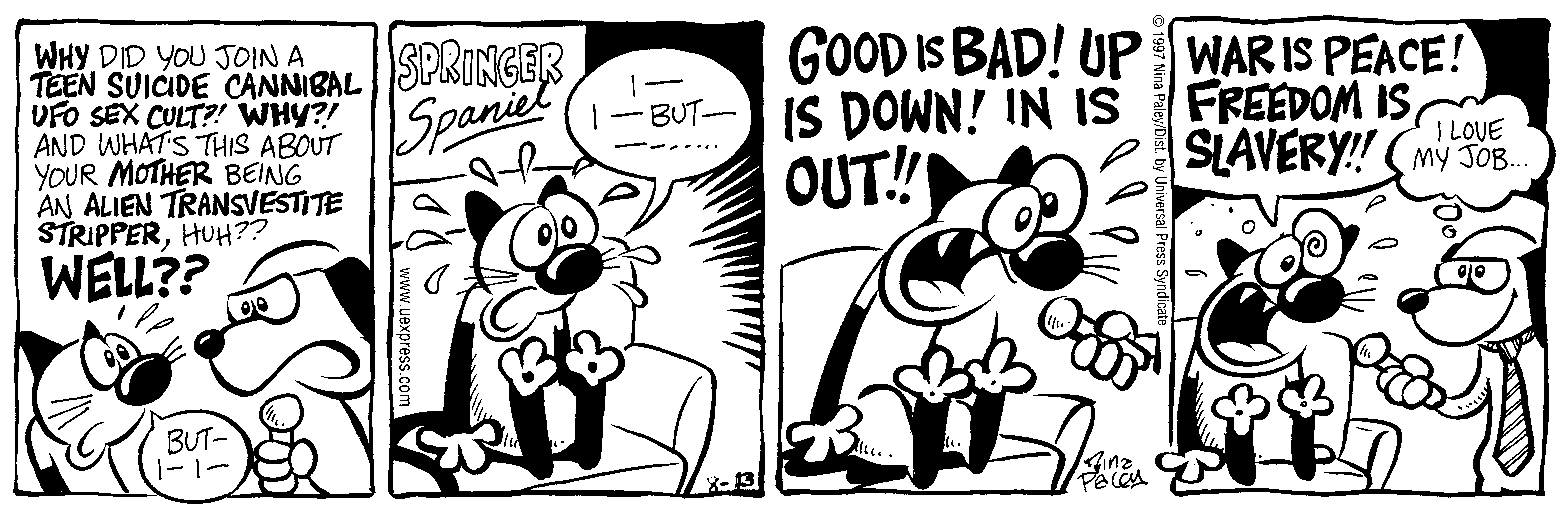 Fluff daily strip, Aug 13, 1997. Nina Paley, CC BY-SA 3.0 US. Print master from https://archive.org/details/FluffComicStrips (TIFF converted losslessly to PNG for the web).