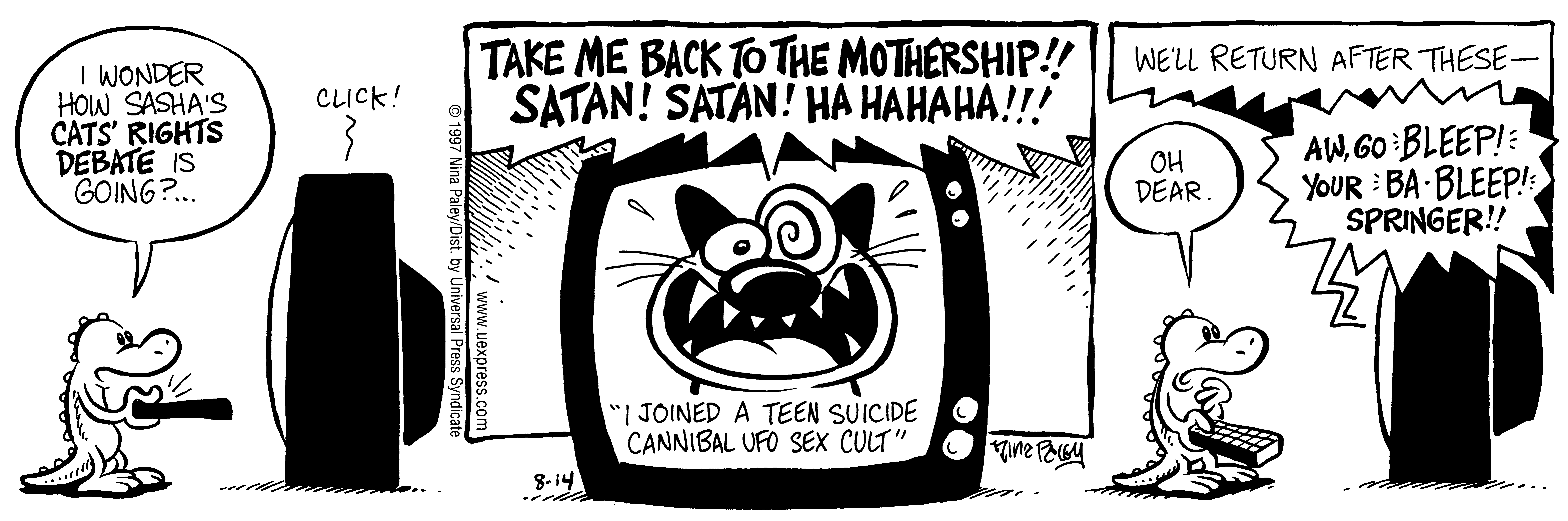 Fluff daily strip, Aug 14, 1997. Nina Paley, CC BY-SA 3.0 US. Print master from https://archive.org/details/FluffComicStrips (TIFF converted losslessly to PNG for the web).