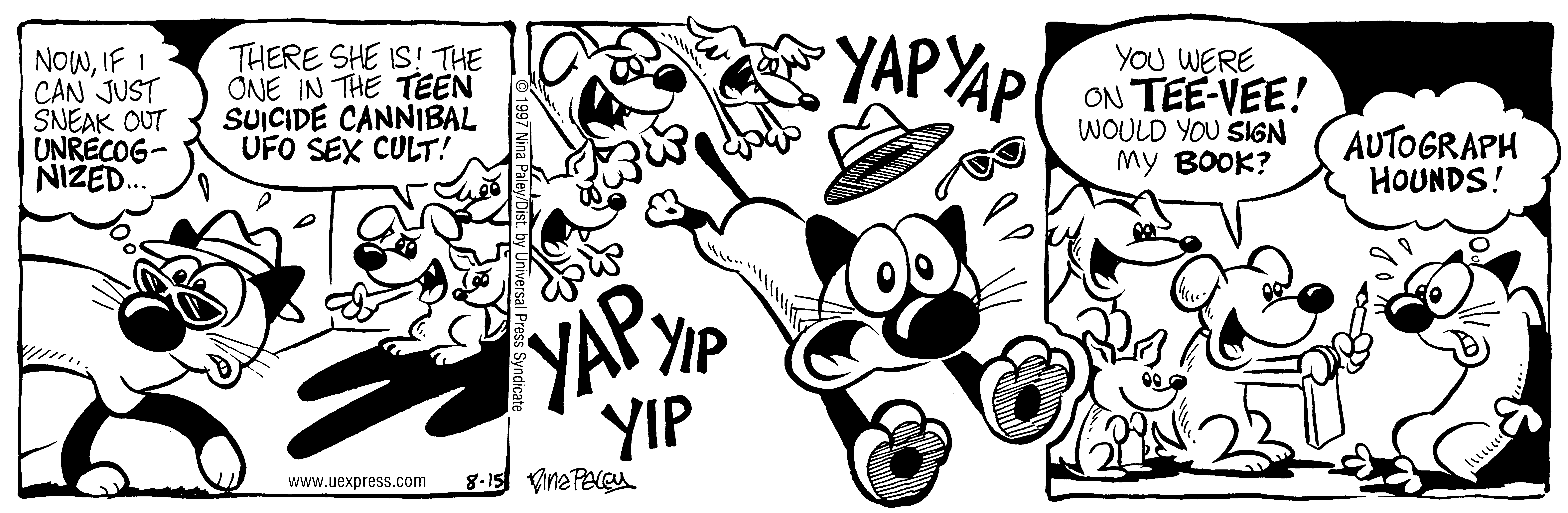 Fluff daily strip, Aug 15, 1997. Nina Paley, CC BY-SA 3.0 US. Print master from https://archive.org/details/FluffComicStrips (TIFF converted losslessly to PNG for the web).