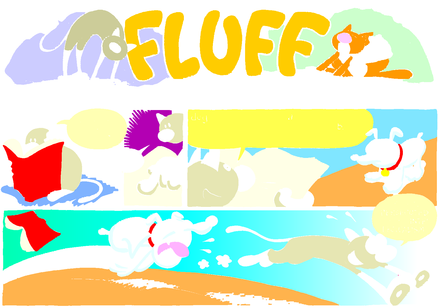 Fluff sunday strip, Aug 17, 1997. Nina Paley, CC BY-SA 3.0 US. Print master from https://archive.org/details/FluffComicStrips (TIFF converted losslessly to PNG for the web).