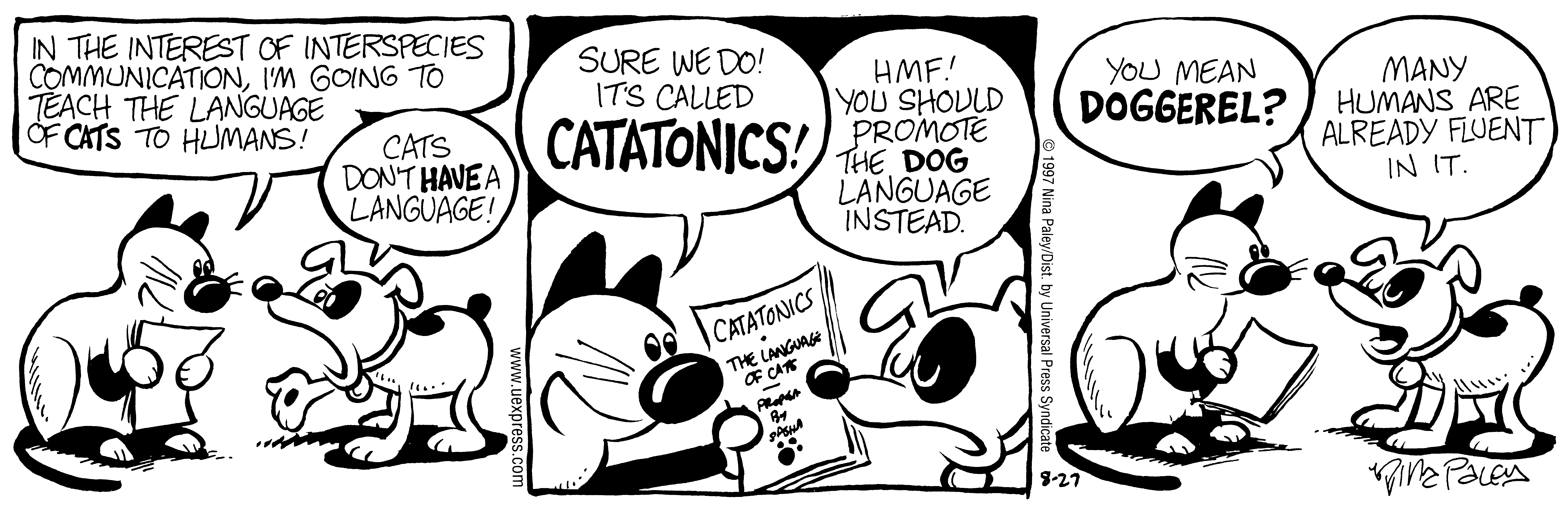 Fluff daily strip, Aug 27, 1997. Nina Paley, CC BY-SA 3.0 US. Print master from https://archive.org/details/FluffComicStrips (TIFF converted losslessly to PNG for the web).