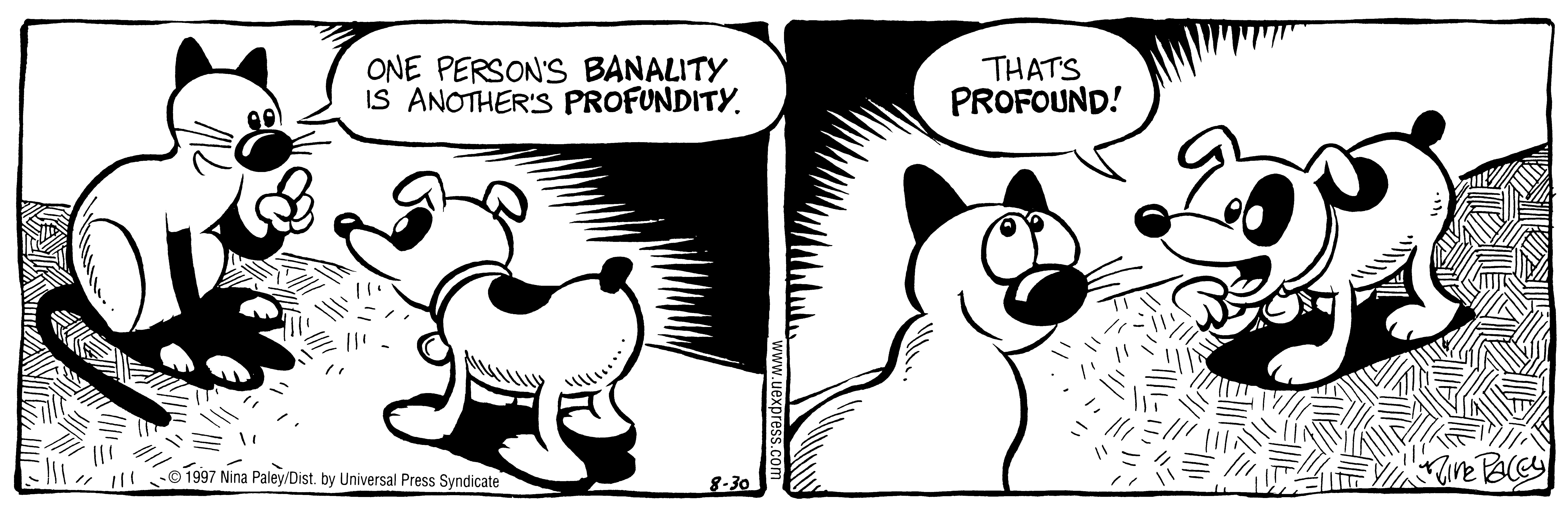 Fluff daily strip, Aug 30, 1997. Nina Paley, CC BY-SA 3.0 US. Print master from https://archive.org/details/FluffComicStrips (TIFF converted losslessly to PNG for the web).