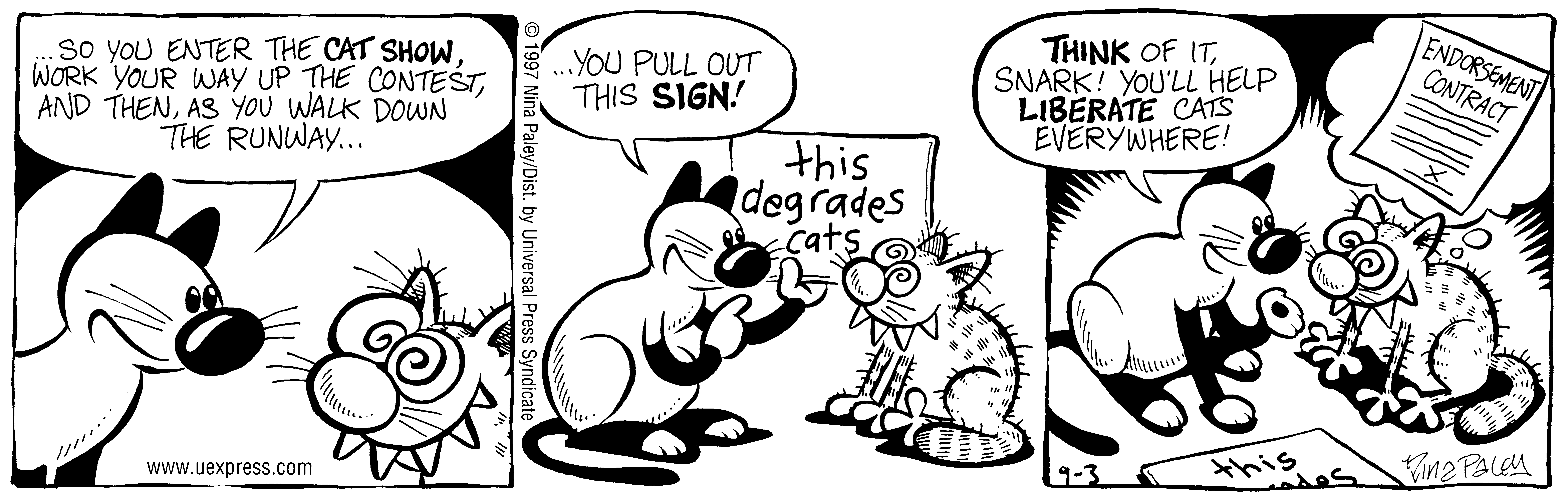 Fluff daily strip, Sep 3, 1997. Nina Paley, CC BY-SA 3.0 US. Print master from https://archive.org/details/FluffComicStrips (TIFF converted losslessly to PNG for the web).