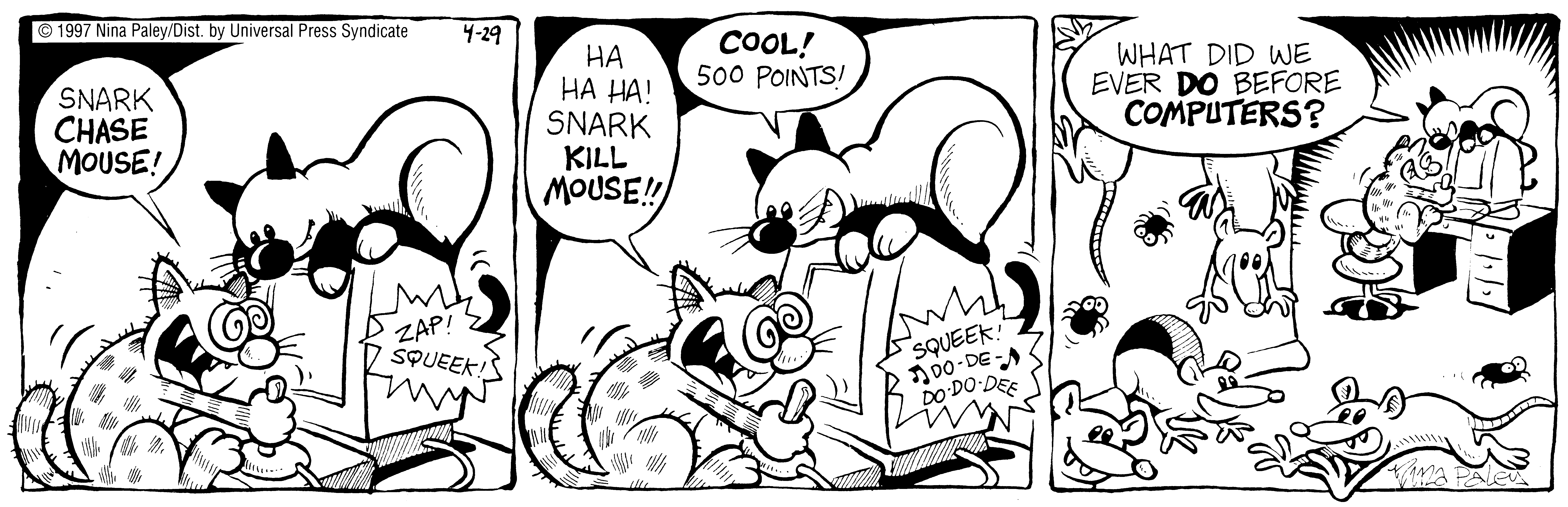 Fluff daily strip, Apr 29, 1997. Nina Paley, CC BY-SA 3.0 US. Print master from https://archive.org/details/FluffComicStrips (TIFF converted losslessly to PNG for the web).