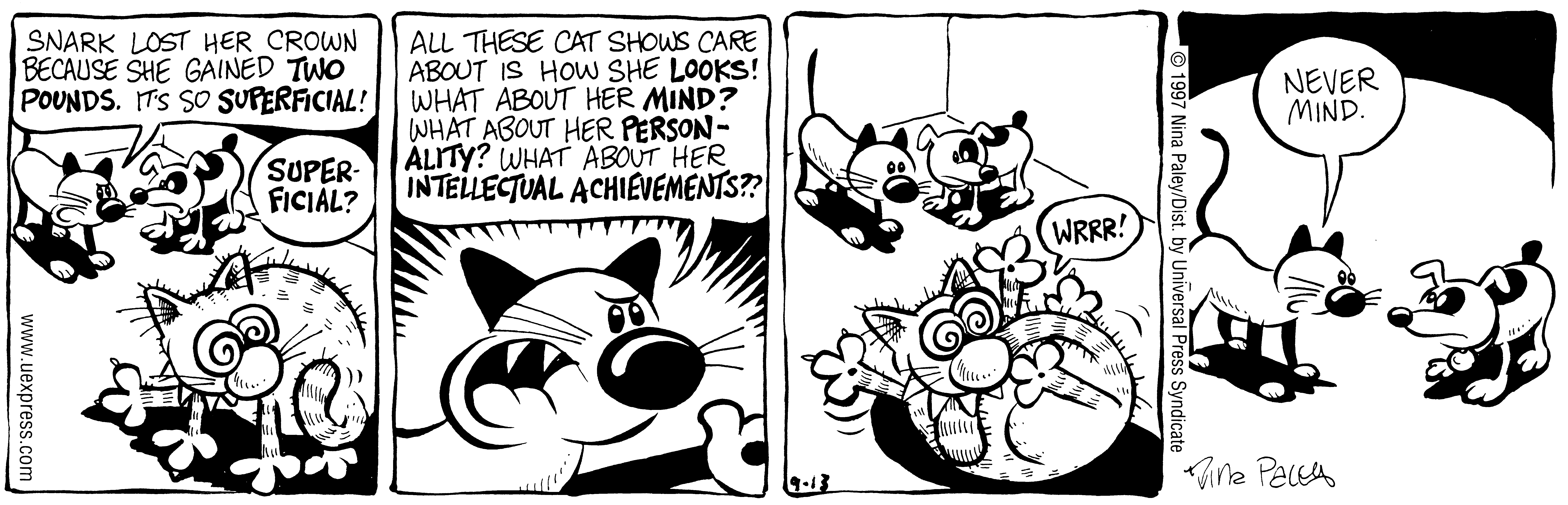 Fluff daily strip, Sep 13, 1997. Nina Paley, CC BY-SA 3.0 US. Print master from https://archive.org/details/FluffComicStrips (TIFF converted losslessly to PNG for the web).