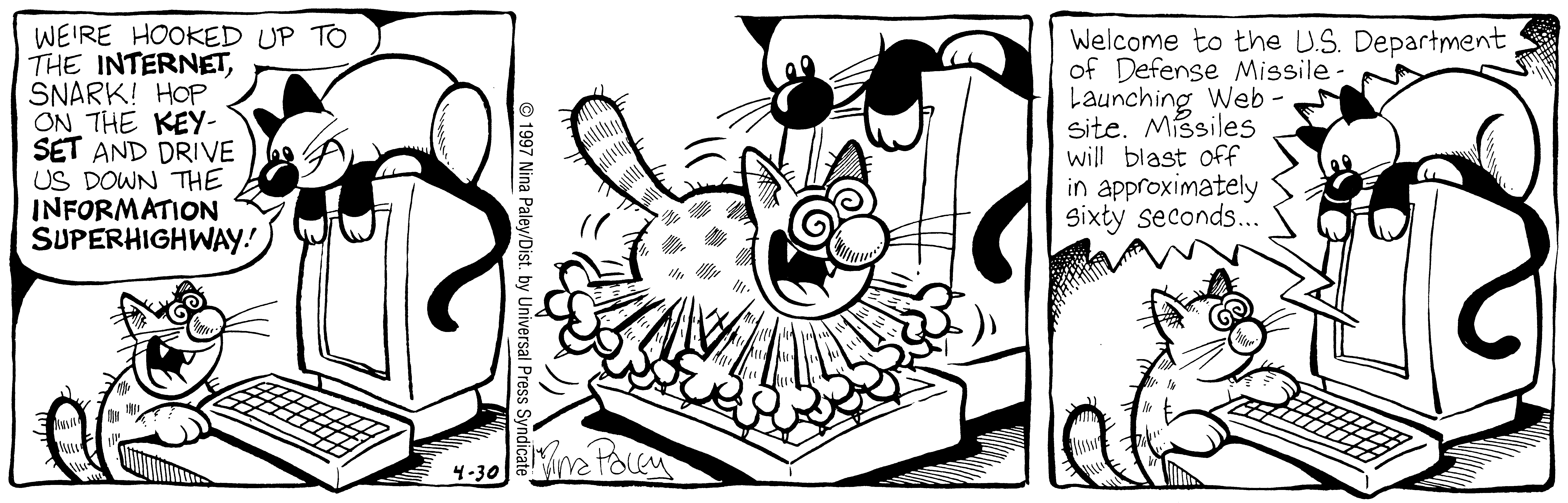 Fluff daily strip, Apr 30, 1997. Nina Paley, CC BY-SA 3.0 US. Print master from https://archive.org/details/FluffComicStrips (TIFF converted losslessly to PNG for the web).