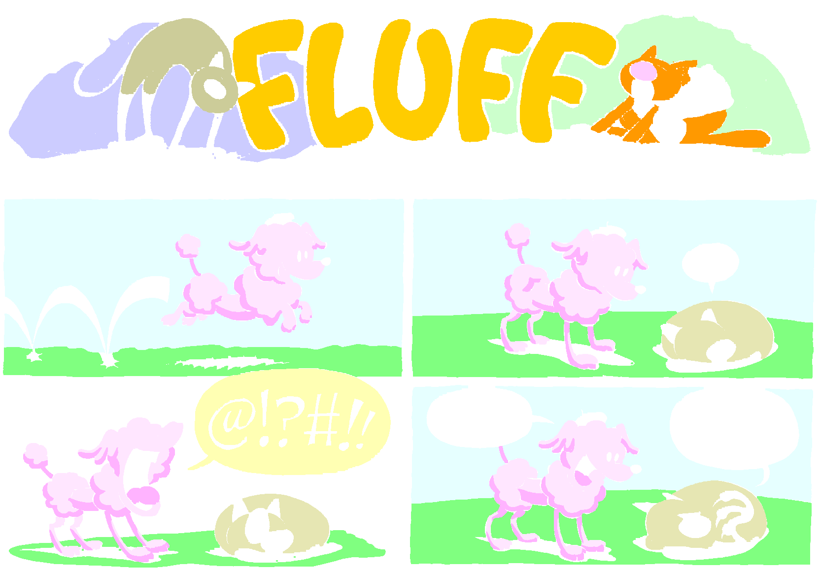 Fluff sunday strip, Sep 21, 1997. Nina Paley, CC BY-SA 3.0 US. Print master from https://archive.org/details/FluffComicStrips (TIFF converted losslessly to PNG for the web).