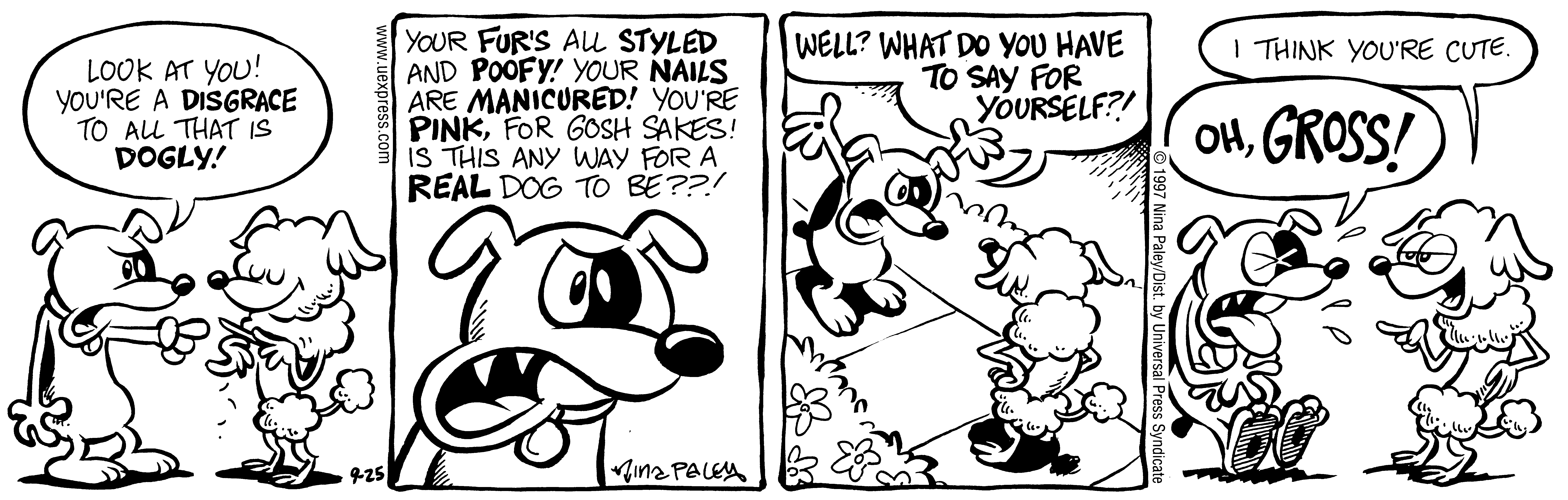 Fluff daily strip, Sep 25, 1997. Nina Paley, CC BY-SA 3.0 US. Print master from https://archive.org/details/FluffComicStrips (TIFF converted losslessly to PNG for the web).