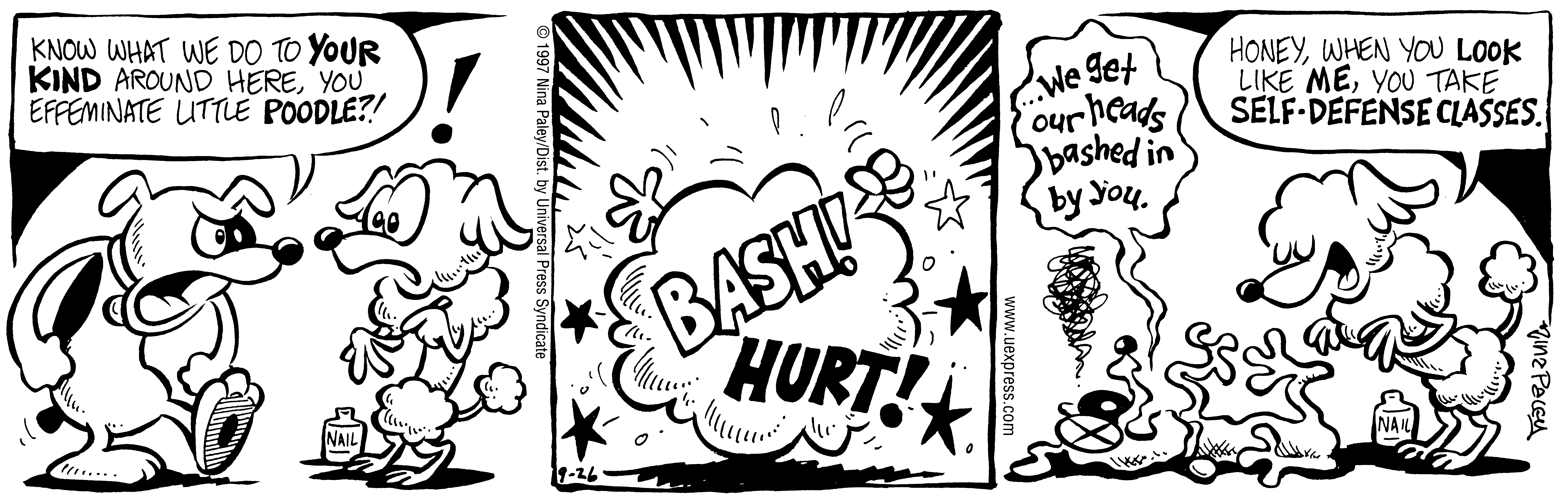 Fluff daily strip, Sep 26, 1997. Nina Paley, CC BY-SA 3.0 US. Print master from https://archive.org/details/FluffComicStrips (TIFF converted losslessly to PNG for the web).