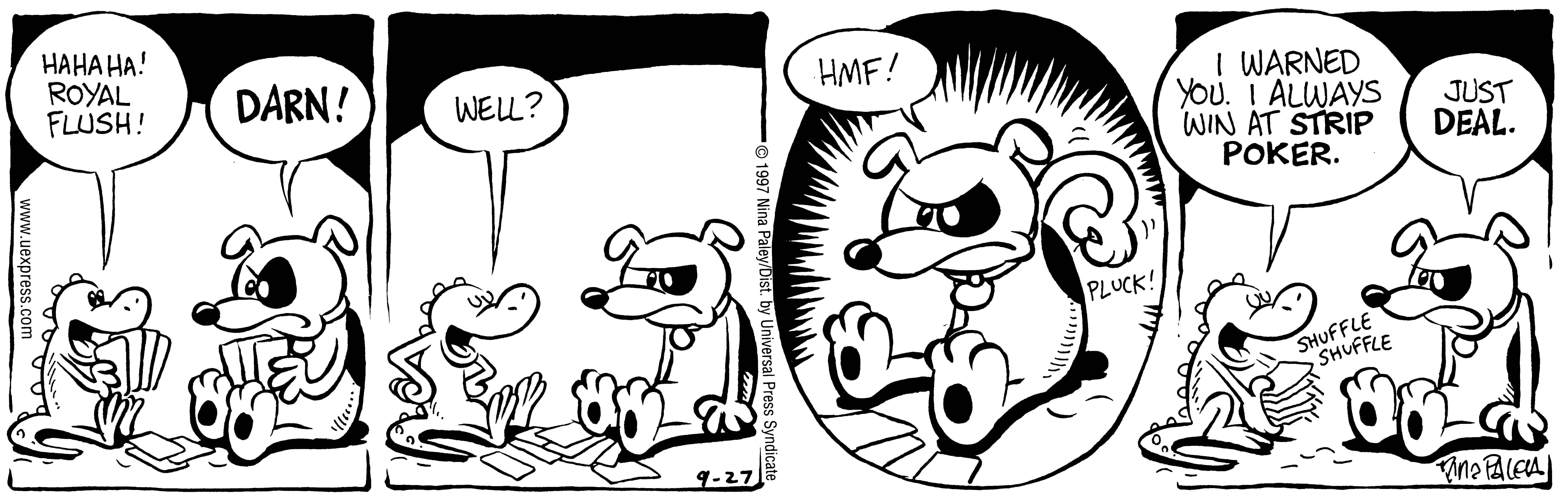 Fluff daily strip, Sep 27, 1997. Nina Paley, CC BY-SA 3.0 US. Print master from https://archive.org/details/FluffComicStrips (TIFF converted losslessly to PNG for the web).