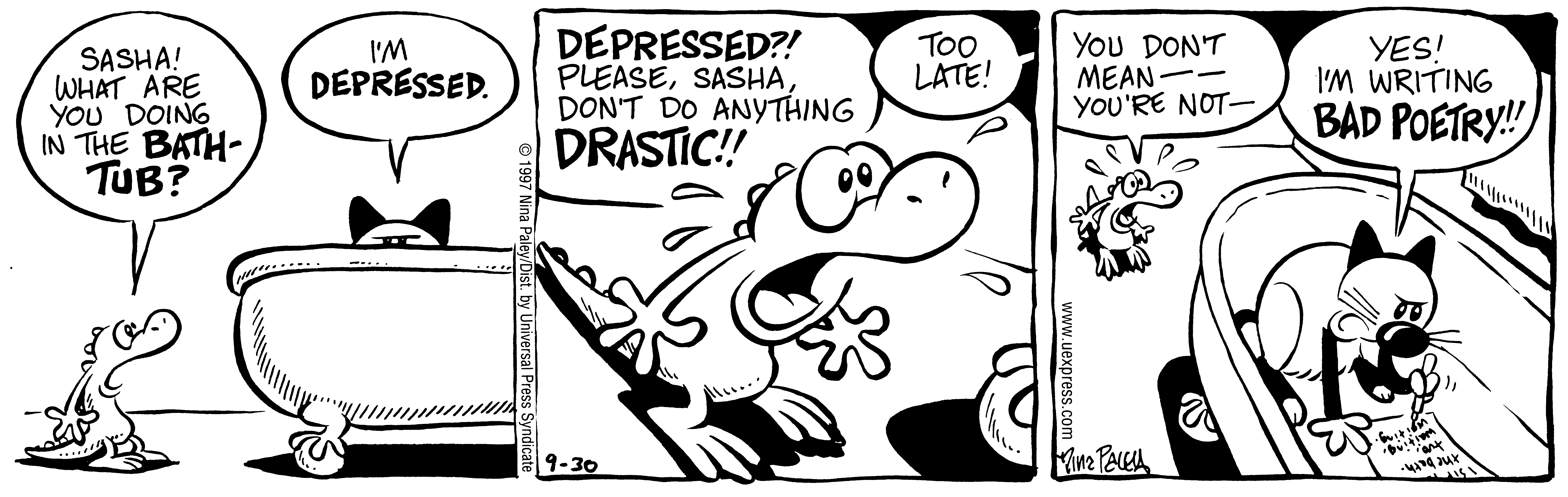 Fluff daily strip, Sep 30, 1997. Nina Paley, CC BY-SA 3.0 US. Print master from https://archive.org/details/FluffComicStrips (TIFF converted losslessly to PNG for the web).