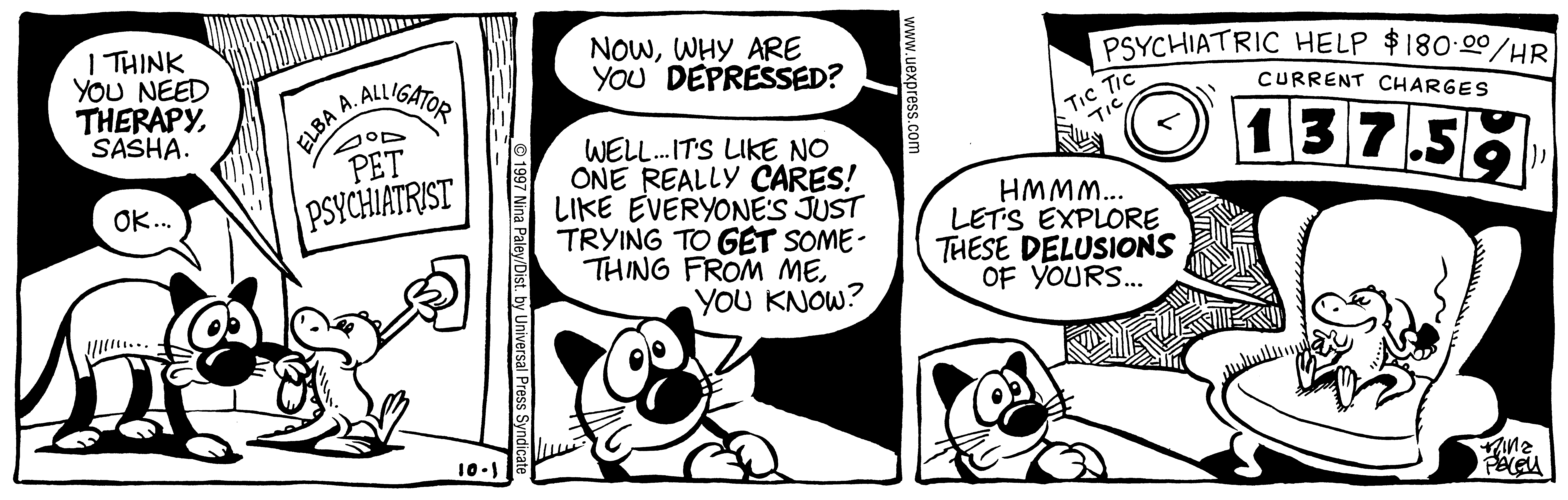 Fluff daily strip, Oct 1, 1997. Nina Paley, CC BY-SA 3.0 US. Print master from https://archive.org/details/FluffComicStrips (TIFF converted losslessly to PNG for the web).