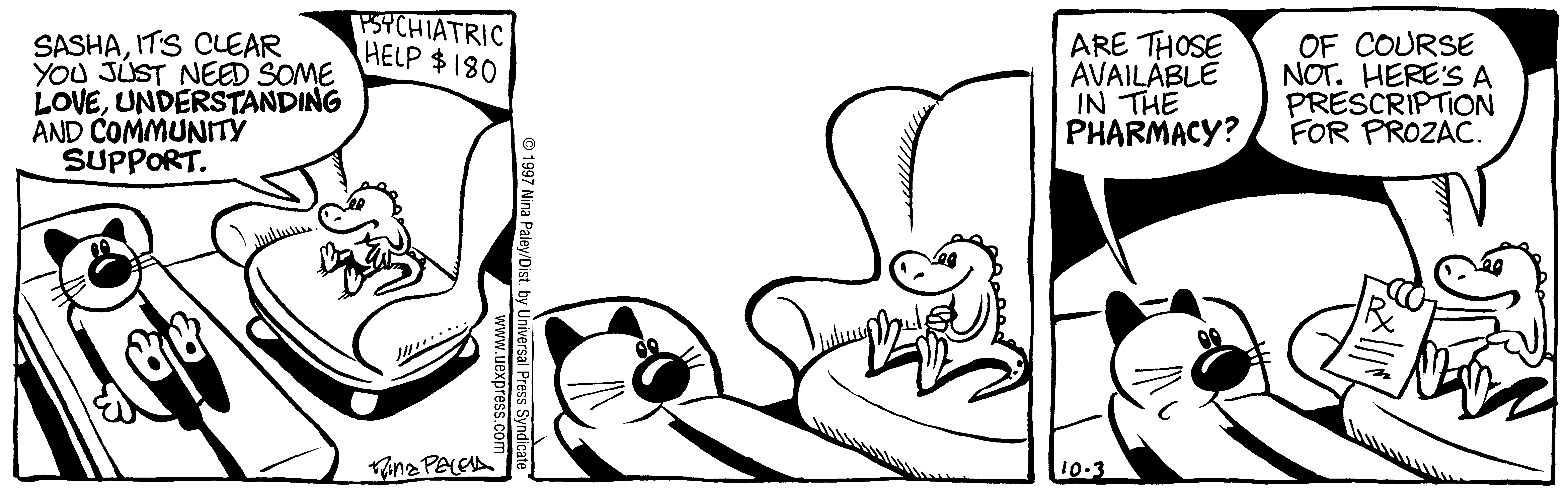 Fluff daily strip, Oct 3, 1997. Nina Paley, CC BY-SA 3.0 US. Print master from https://archive.org/details/FluffComicStrips (TIFF converted losslessly to PNG for the web).