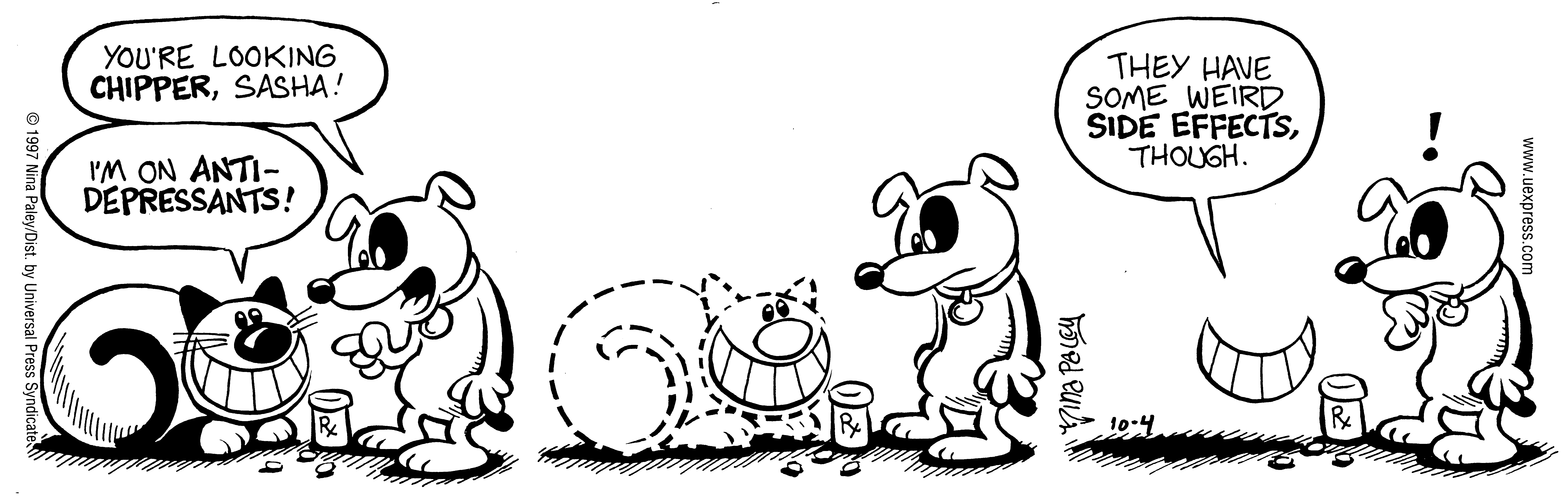 Fluff daily strip, Oct 4, 1997. Nina Paley, CC BY-SA 3.0 US. Print master from https://archive.org/details/FluffComicStrips (TIFF converted losslessly to PNG for the web).