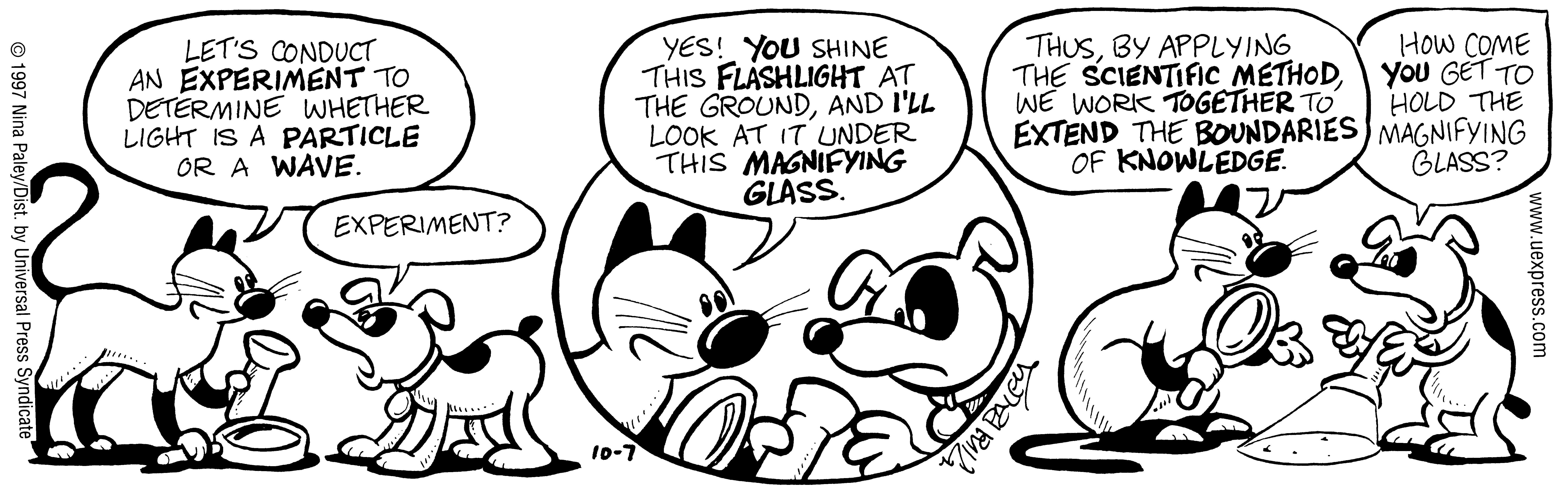 Fluff daily strip, Oct 7, 1997. Nina Paley, CC BY-SA 3.0 US. Print master from https://archive.org/details/FluffComicStrips (TIFF converted losslessly to PNG for the web).