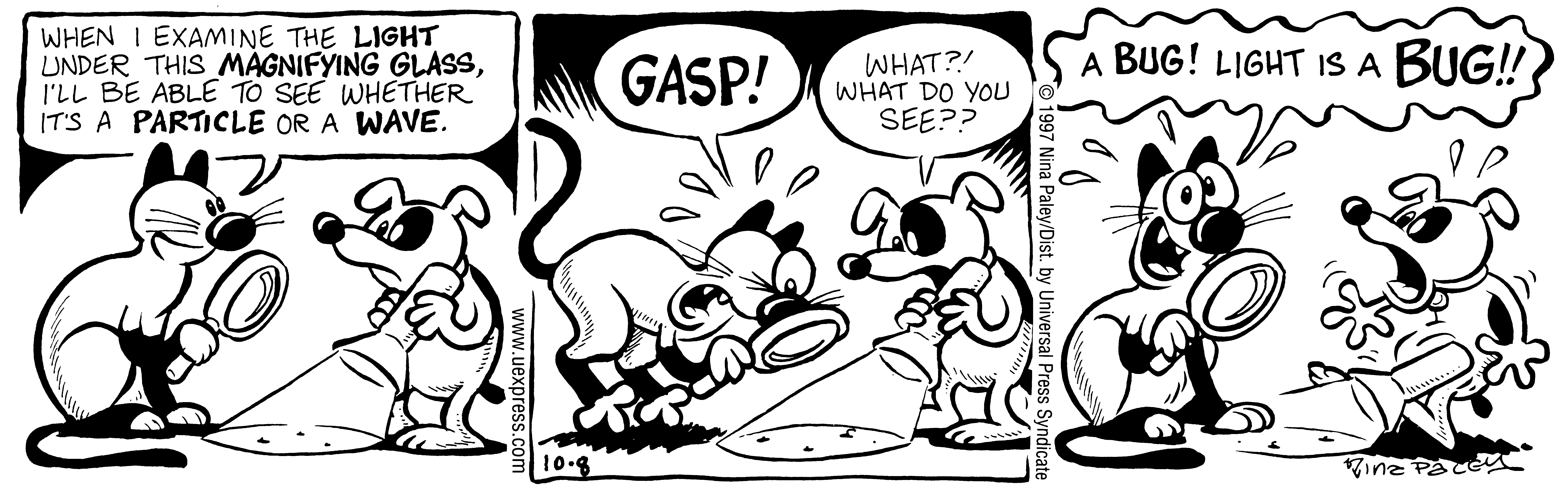 Fluff daily strip, Oct 8, 1997. Nina Paley, CC BY-SA 3.0 US. Print master from https://archive.org/details/FluffComicStrips (TIFF converted losslessly to PNG for the web).
