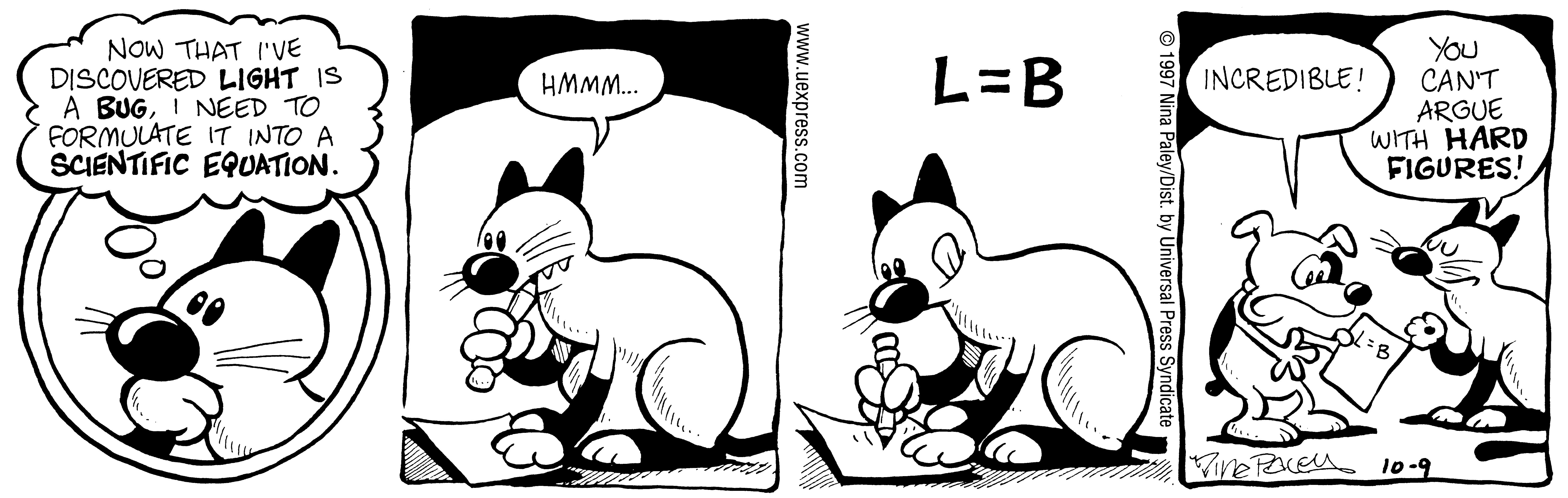 Fluff daily strip, Oct 9, 1997. Nina Paley, CC BY-SA 3.0 US. Print master from https://archive.org/details/FluffComicStrips (TIFF converted losslessly to PNG for the web).