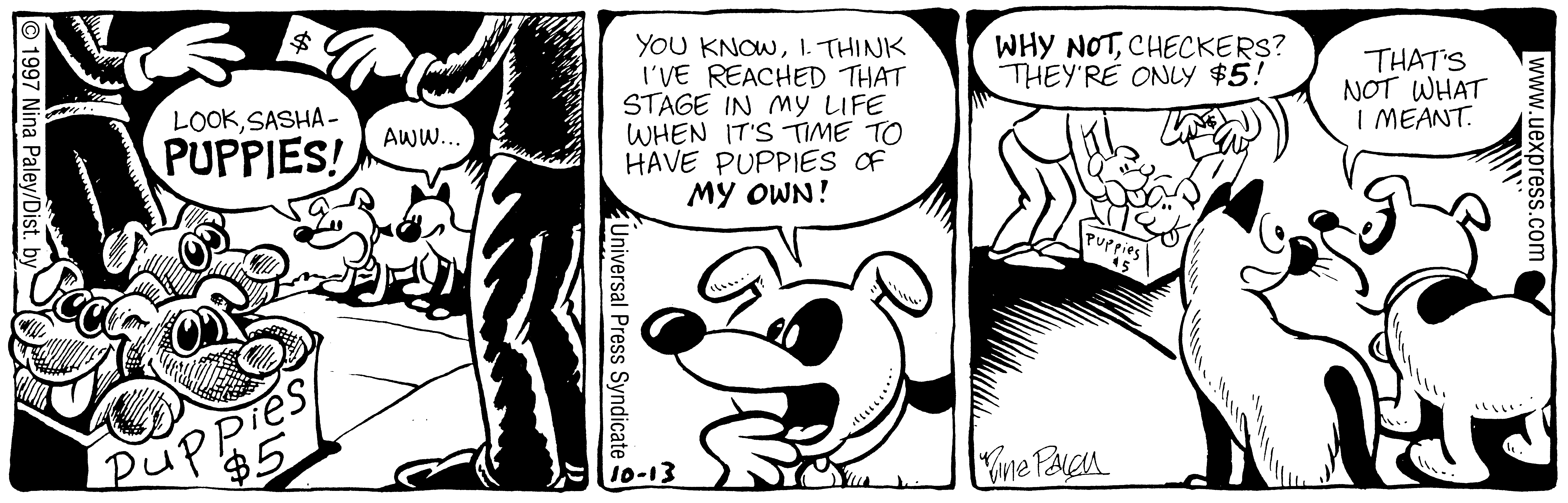 Fluff daily strip, Oct 13, 1997. Nina Paley, CC BY-SA 3.0 US. Print master from https://archive.org/details/FluffComicStrips (TIFF converted losslessly to PNG for the web).