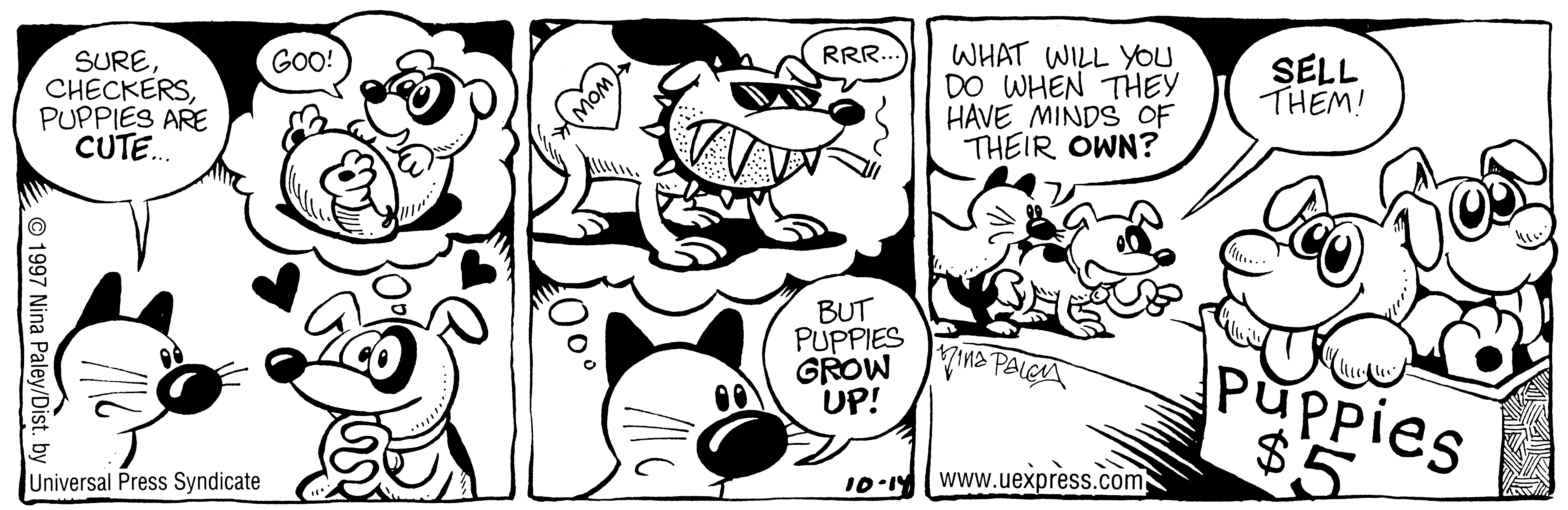 Fluff daily strip, Oct 14, 1997. Nina Paley, CC BY-SA 3.0 US. Print master from https://archive.org/details/FluffComicStrips (TIFF converted losslessly to PNG for the web).