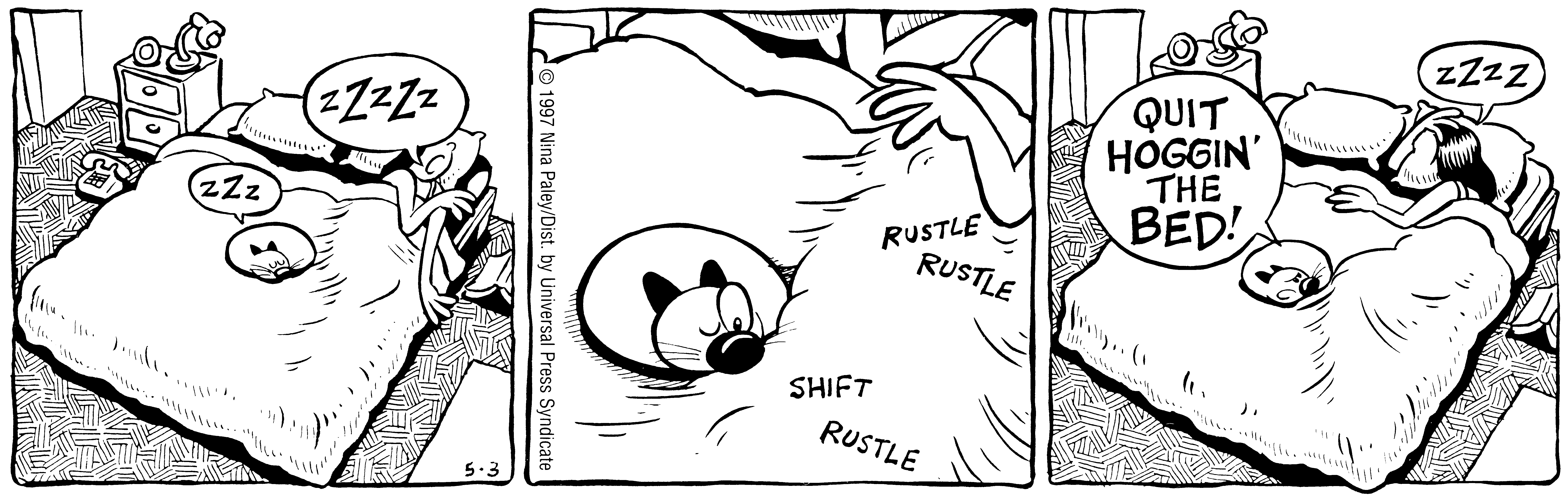 Fluff daily strip, May 3, 1997. Nina Paley, CC BY-SA 3.0 US. Print master from https://archive.org/details/FluffComicStrips (TIFF converted losslessly to PNG for the web).