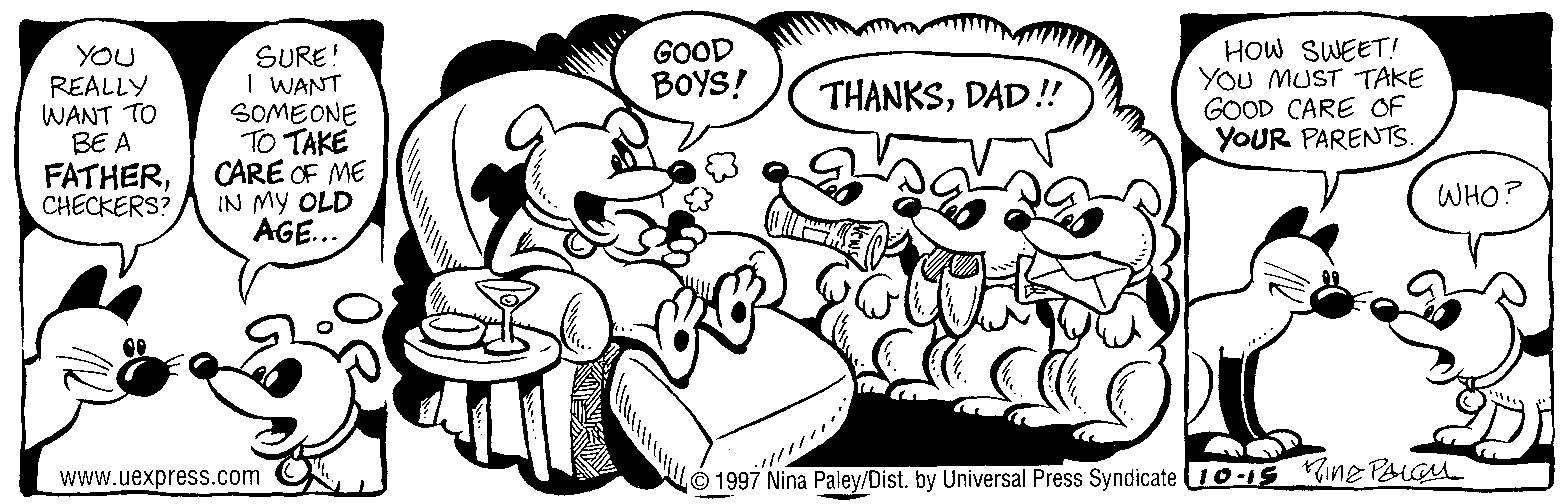 Fluff daily strip, Oct 15, 1997. Nina Paley, CC BY-SA 3.0 US. Print master from https://archive.org/details/FluffComicStrips (TIFF converted losslessly to PNG for the web).