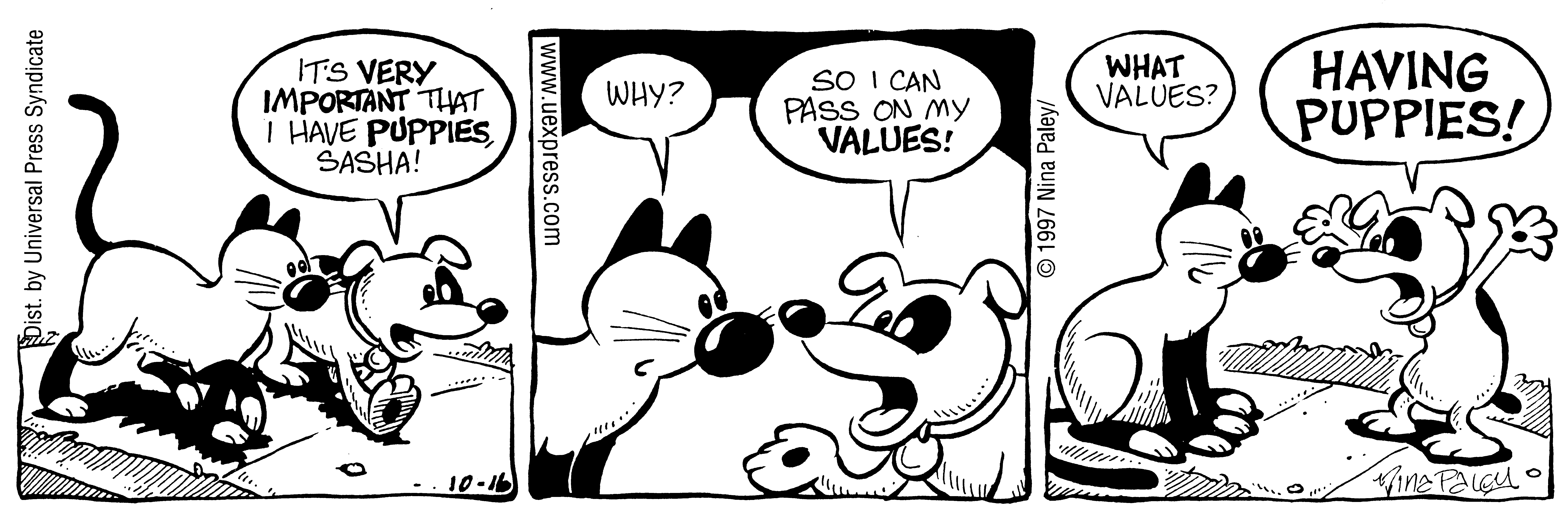 Fluff daily strip, Oct 16, 1997. Nina Paley, CC BY-SA 3.0 US. Print master from https://archive.org/details/FluffComicStrips (TIFF converted losslessly to PNG for the web).