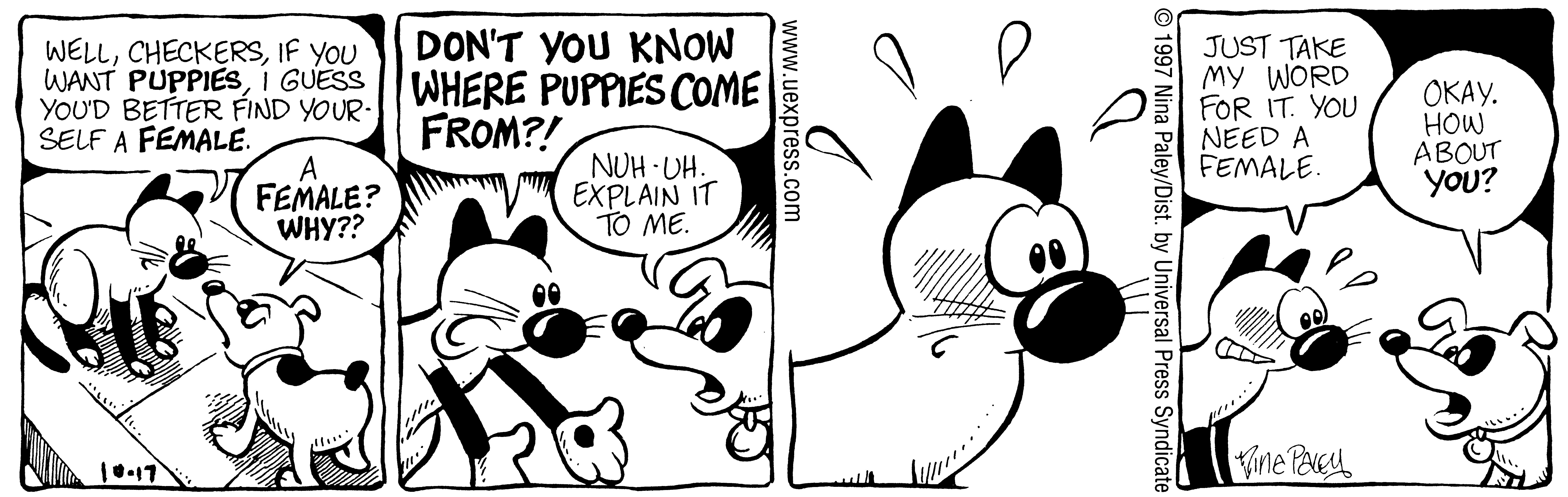 Fluff daily strip, Oct 17, 1997. Nina Paley, CC BY-SA 3.0 US. Print master from https://archive.org/details/FluffComicStrips (TIFF converted losslessly to PNG for the web).